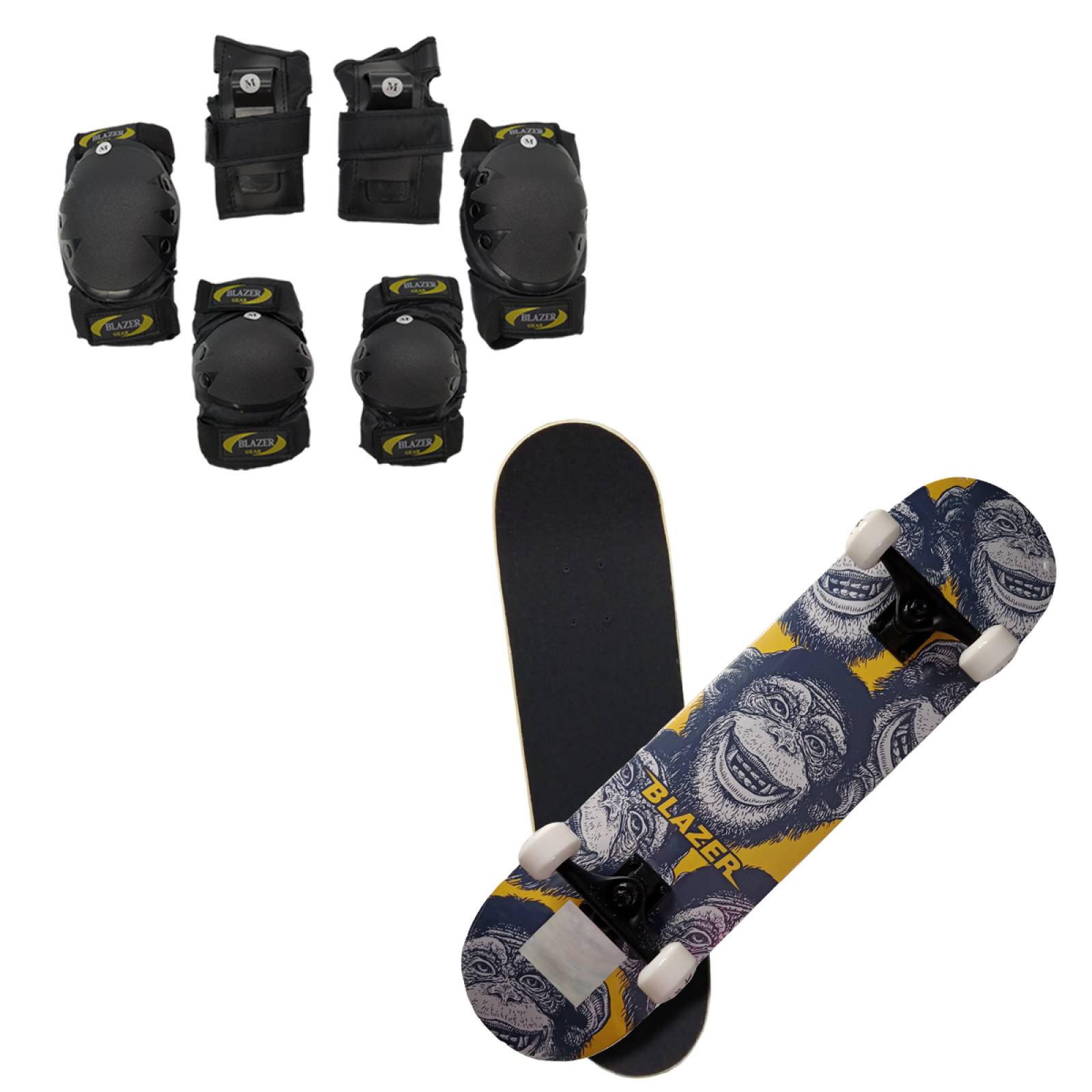 Patineta Skateboard con diseño de Chango y Kit de Protecciones