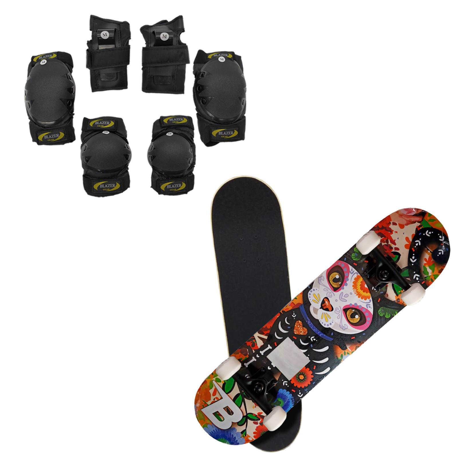 Patineta Skateboard con diseño de Gato y Kit de Protecciones