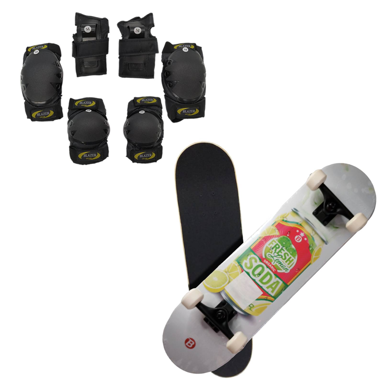 Patineta Skateboard con diseño de Soda y Kit de Protecciones