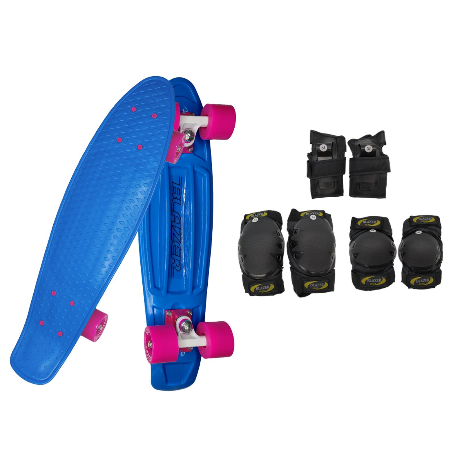 Patineta Pennyboard Cruiser Azul con Llantas Rosa y Protecciones