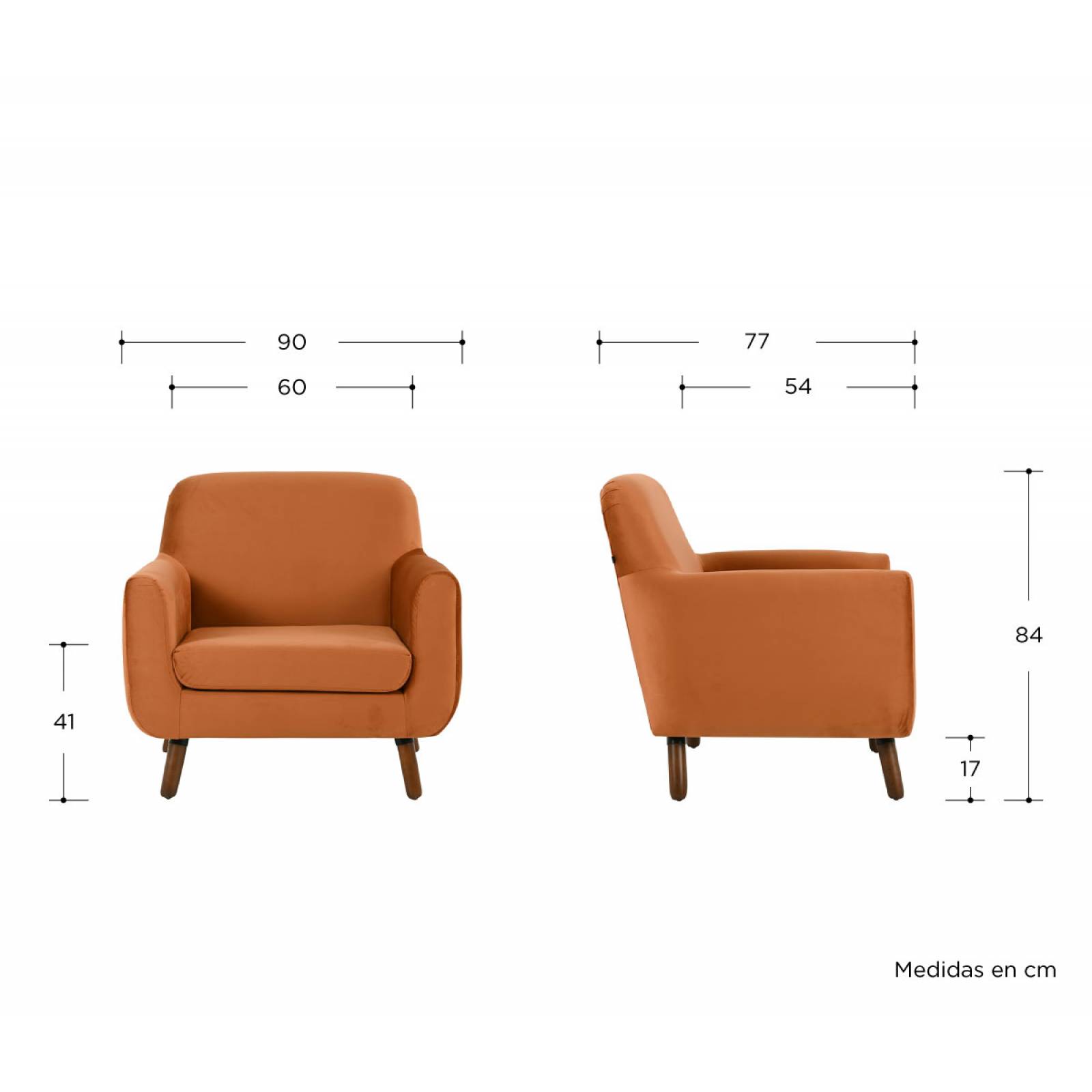 Sillón Jitotol terciopelo pata Nogal   Naranja