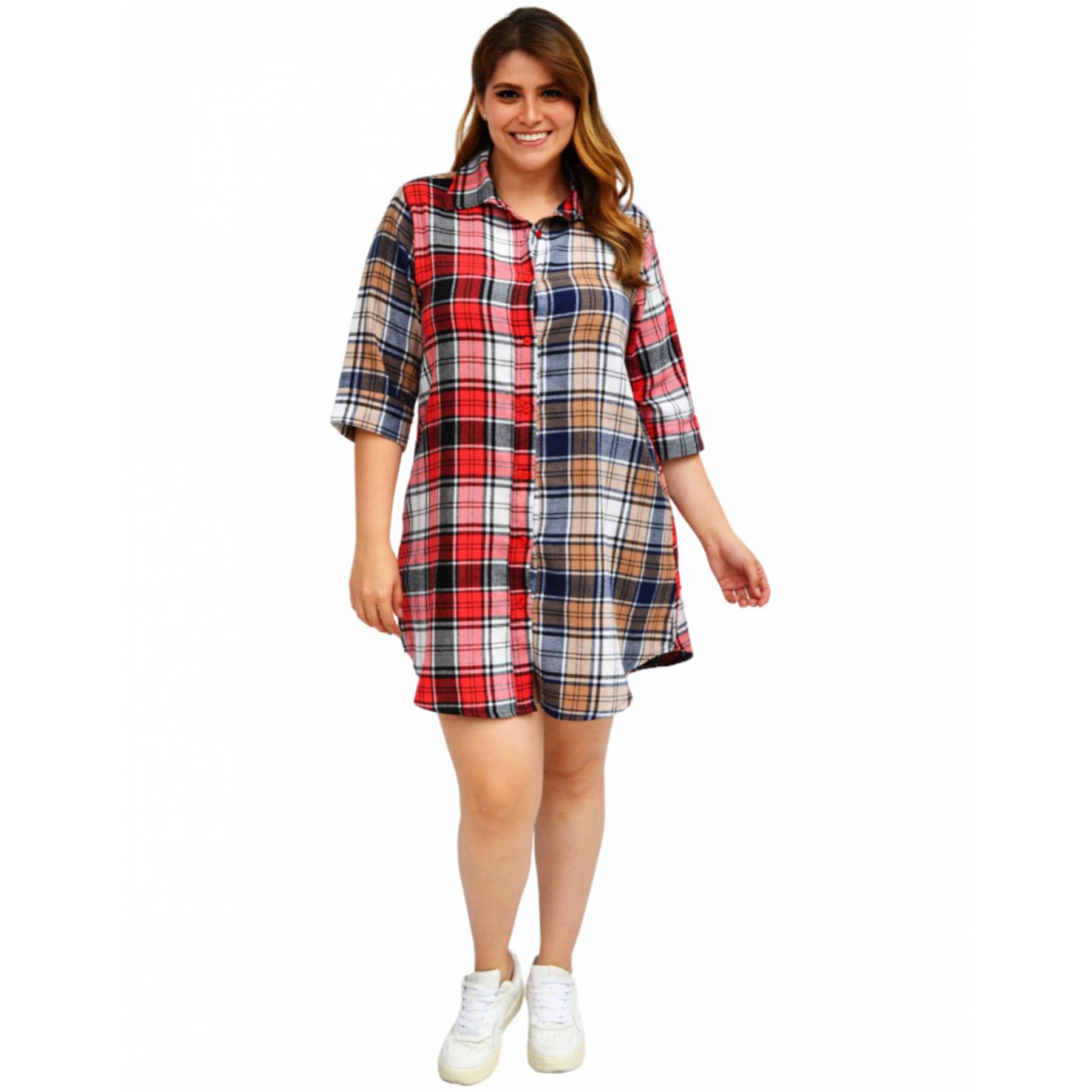 Vestido camisero Roman Fashion estampado escocés, en talla extra para dama 228
