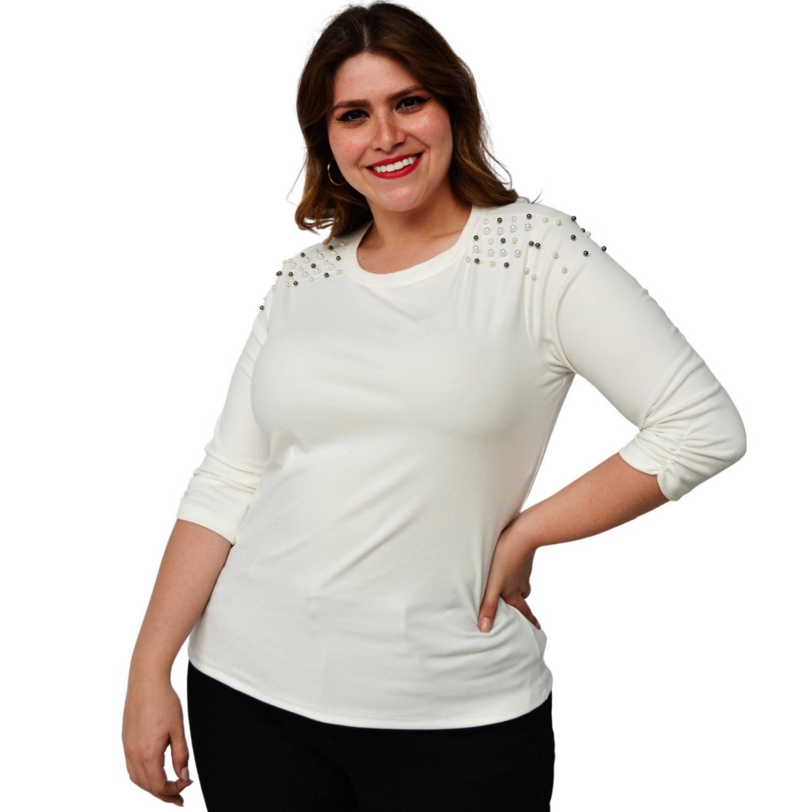 Blusa con perlas en hombros, modelo 3743-C (blanco) 