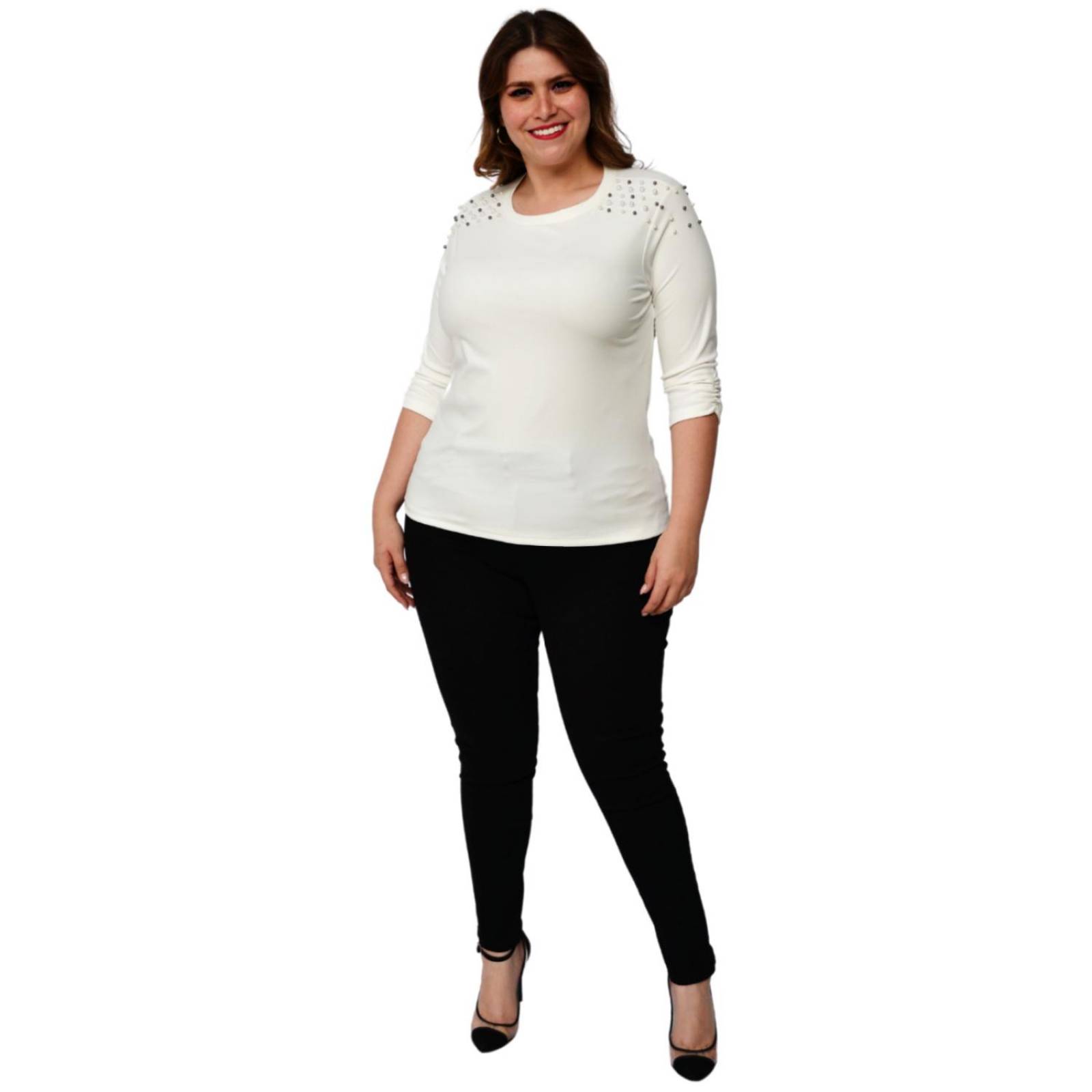 Blusa con perlas en hombros, modelo 3743-C (blanco) 
