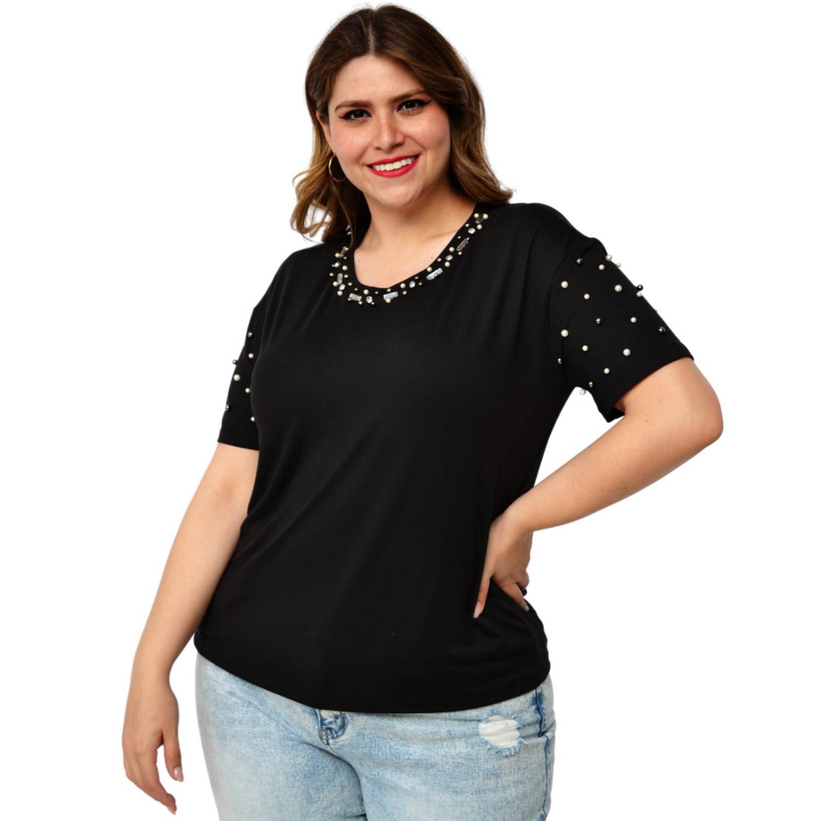 Blusa con pedrer a talla extra modelo 3022 L negro