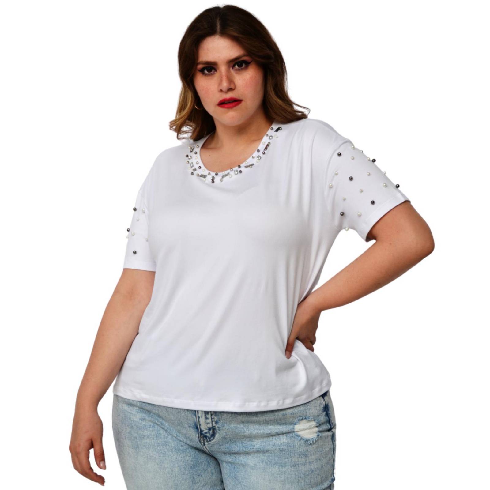 Blusa con pedrería, talla extra modelo 3022-L (blanco) 