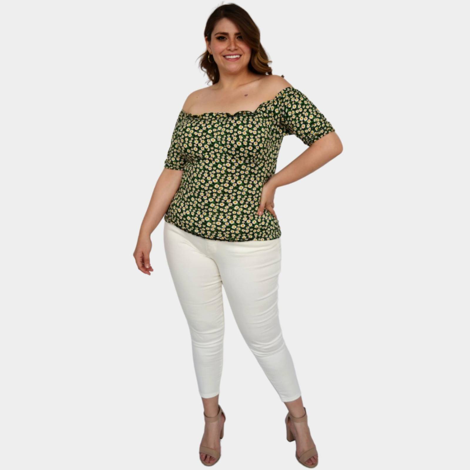 Blusa campesina talla extra, modelo 1783 (Negro floreado)