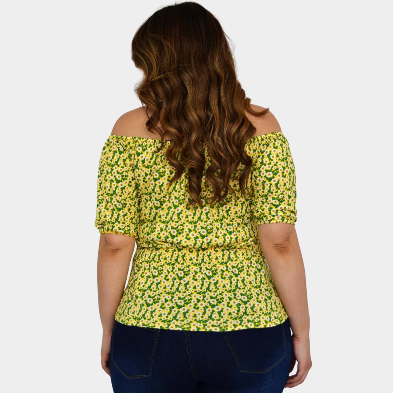 Blusa campesina talla extra, modelo 1783 (Amarillo floreado) .