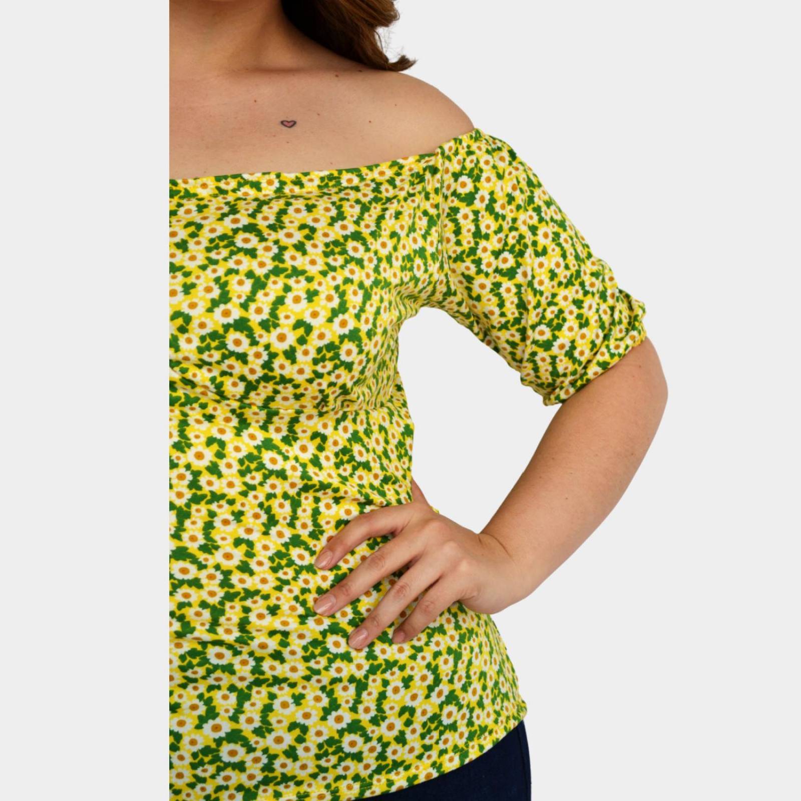 Blusa campesina talla extra, modelo 1783 (Amarillo floreado) .