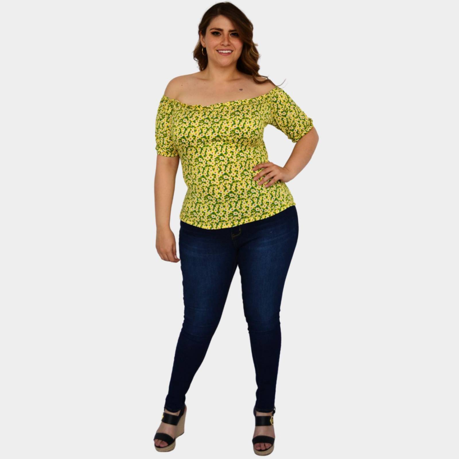 Blusa campesina talla extra, modelo 1783 (Amarillo floreado) .