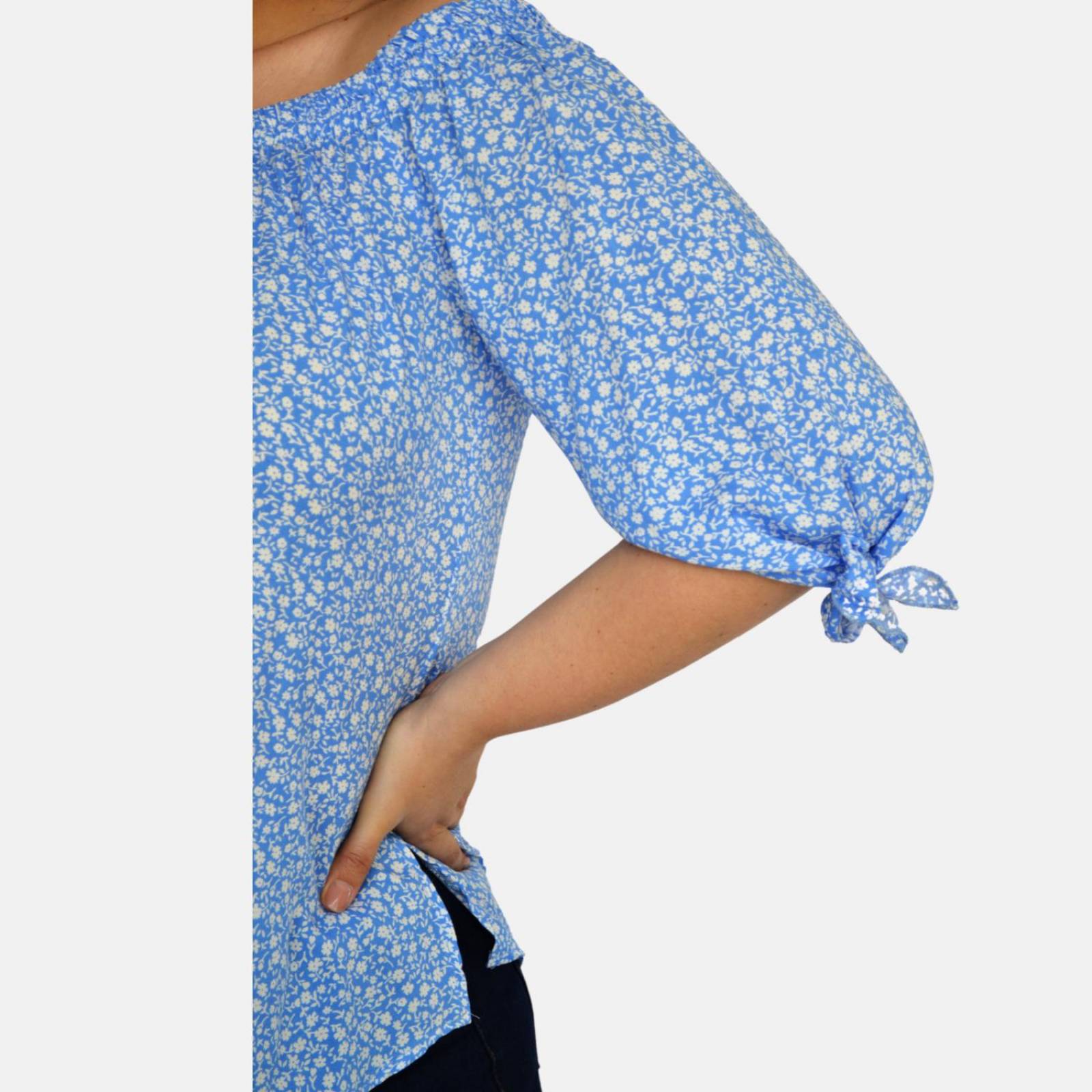 Blusa campesina talla extra, modelo 1608 (Azul floreado) 