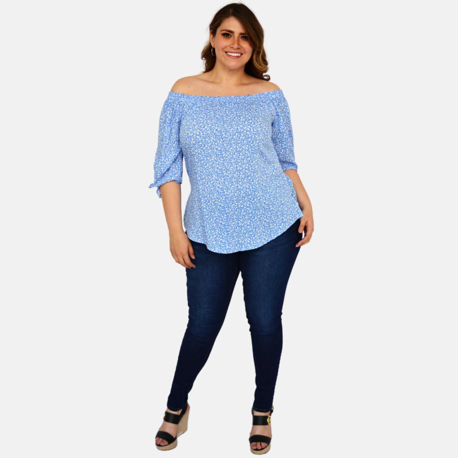 Blusa campesina talla extra, modelo 1608 (Azul floreado) 