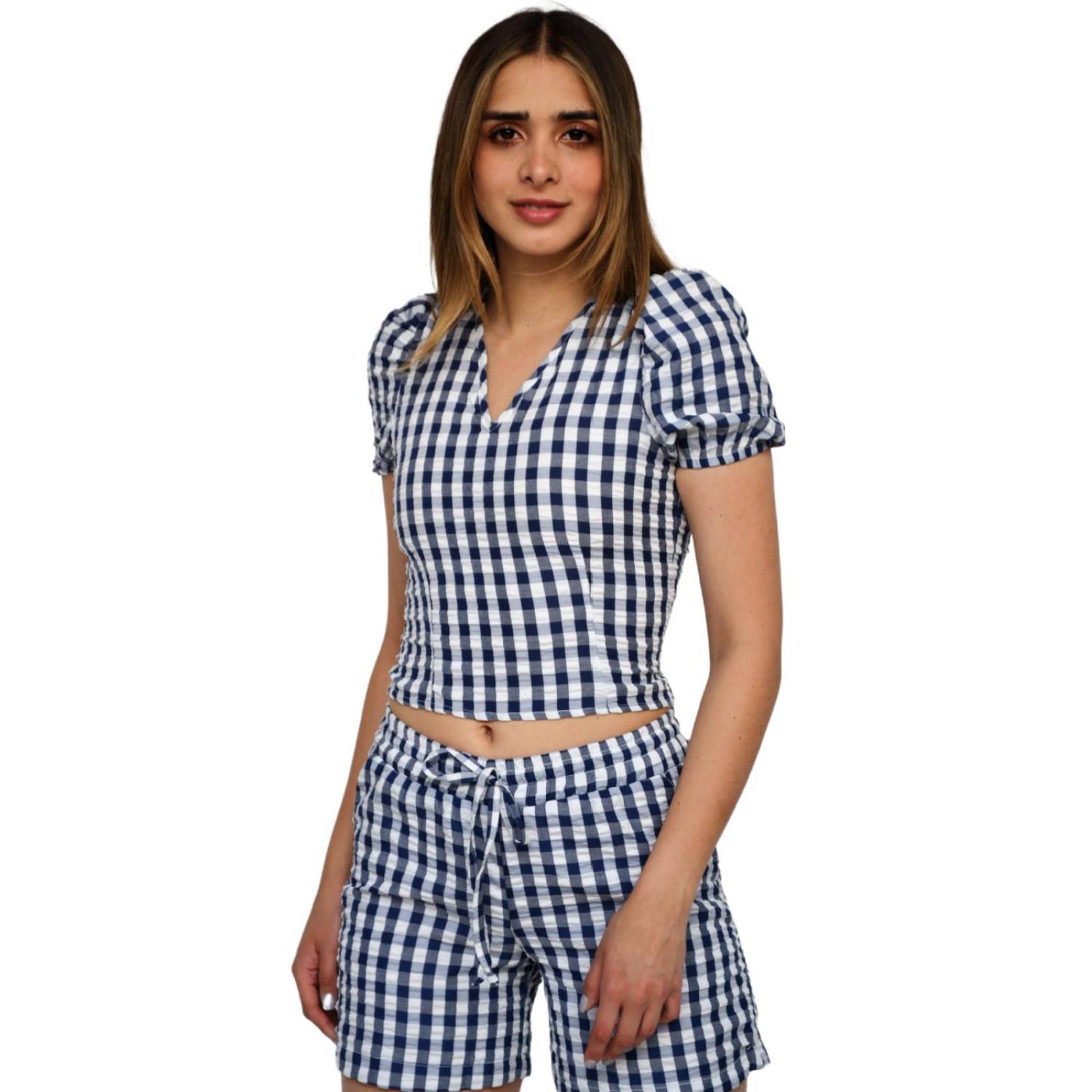 Conjunto de short y blusa, modelo 1466 (Cuadros marino)