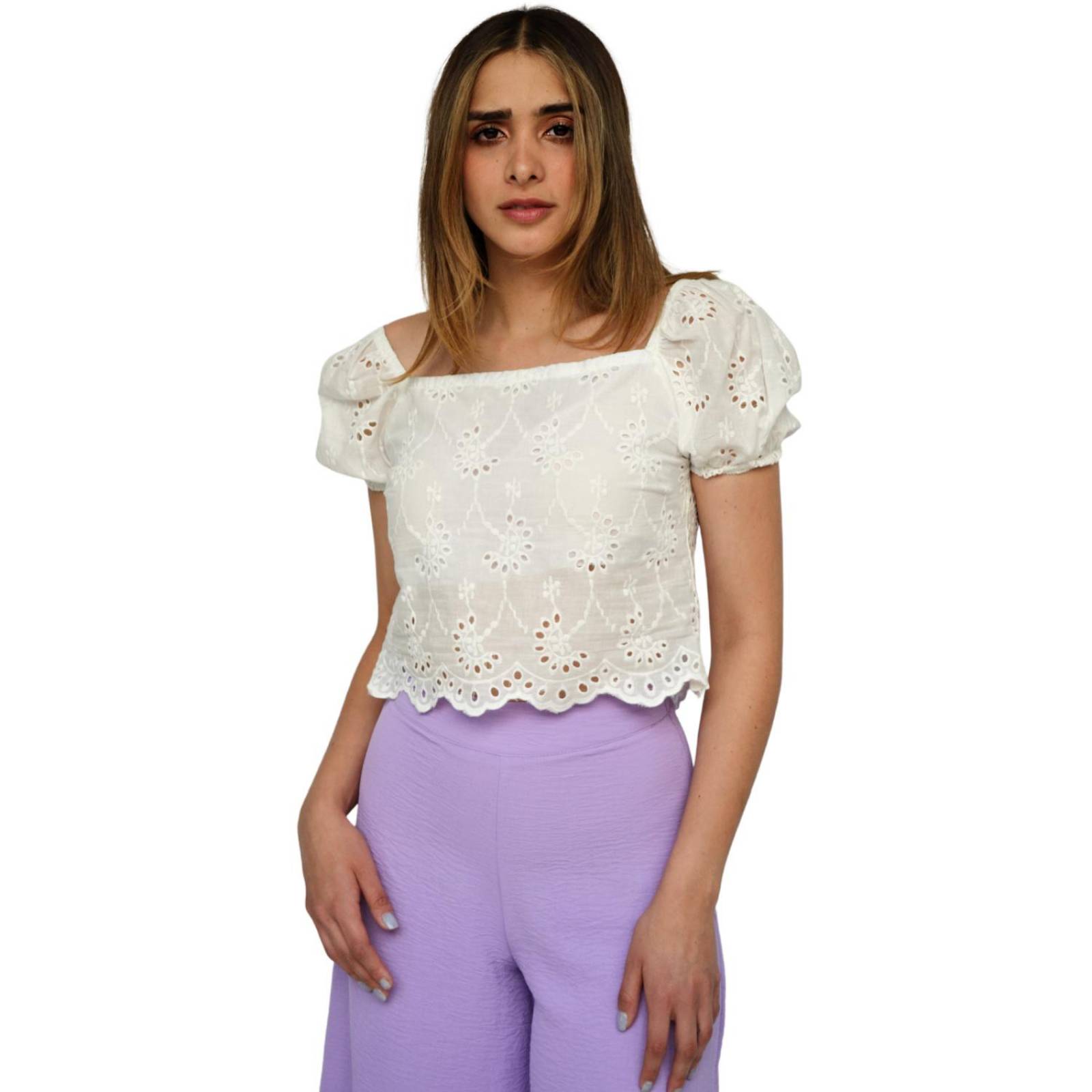 Blusa bordada juvenil, modelo 0365 (Blanco) .