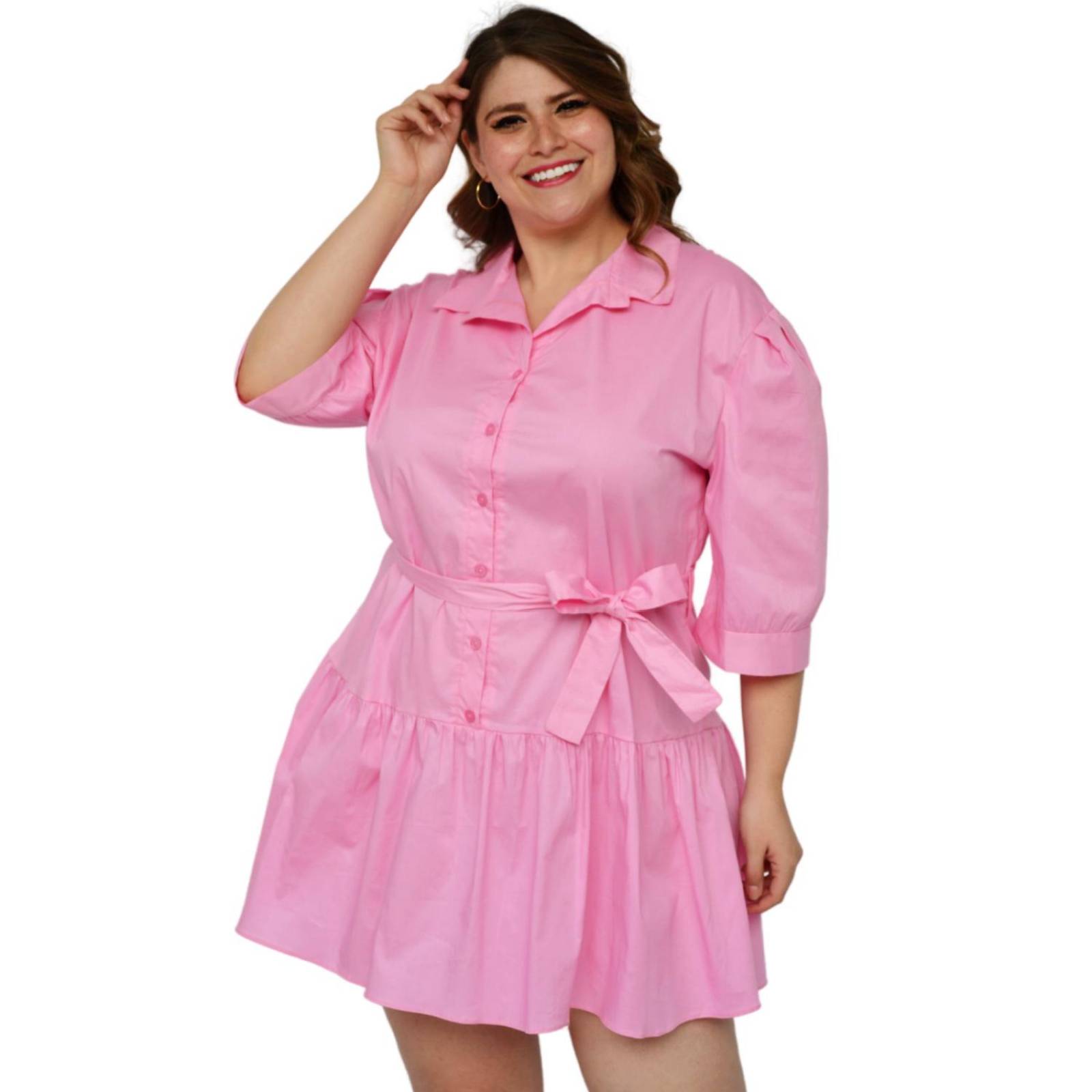 Vestido camisero con falda a capas talla extra, modelo 0214 (Rosa) 