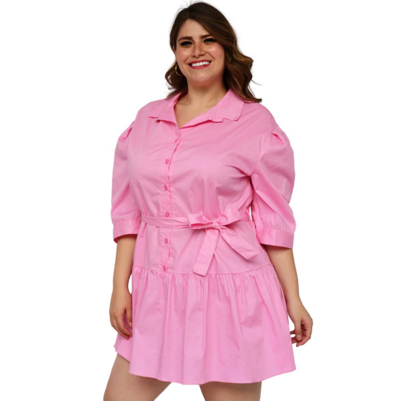Vestido camisero con falda a capas talla extra, modelo 0214 (Rosa) 