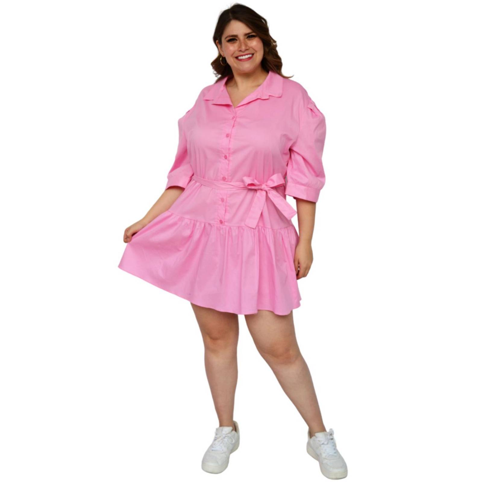 Vestido camisero con falda a capas talla extra, modelo 0214 (Rosa) 