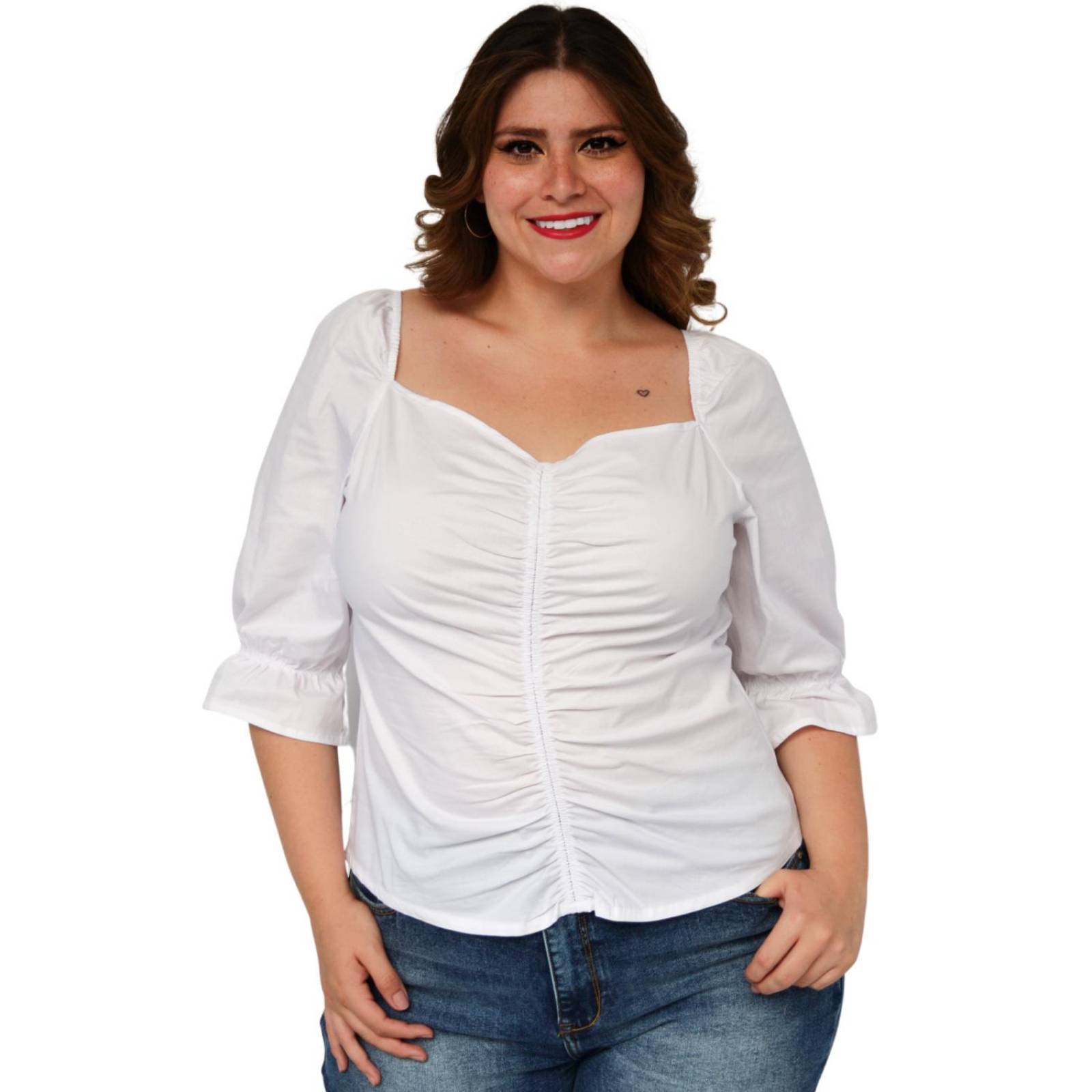 Blusa campesina de popelina (talla extra), modelo 0109 (Blanco)