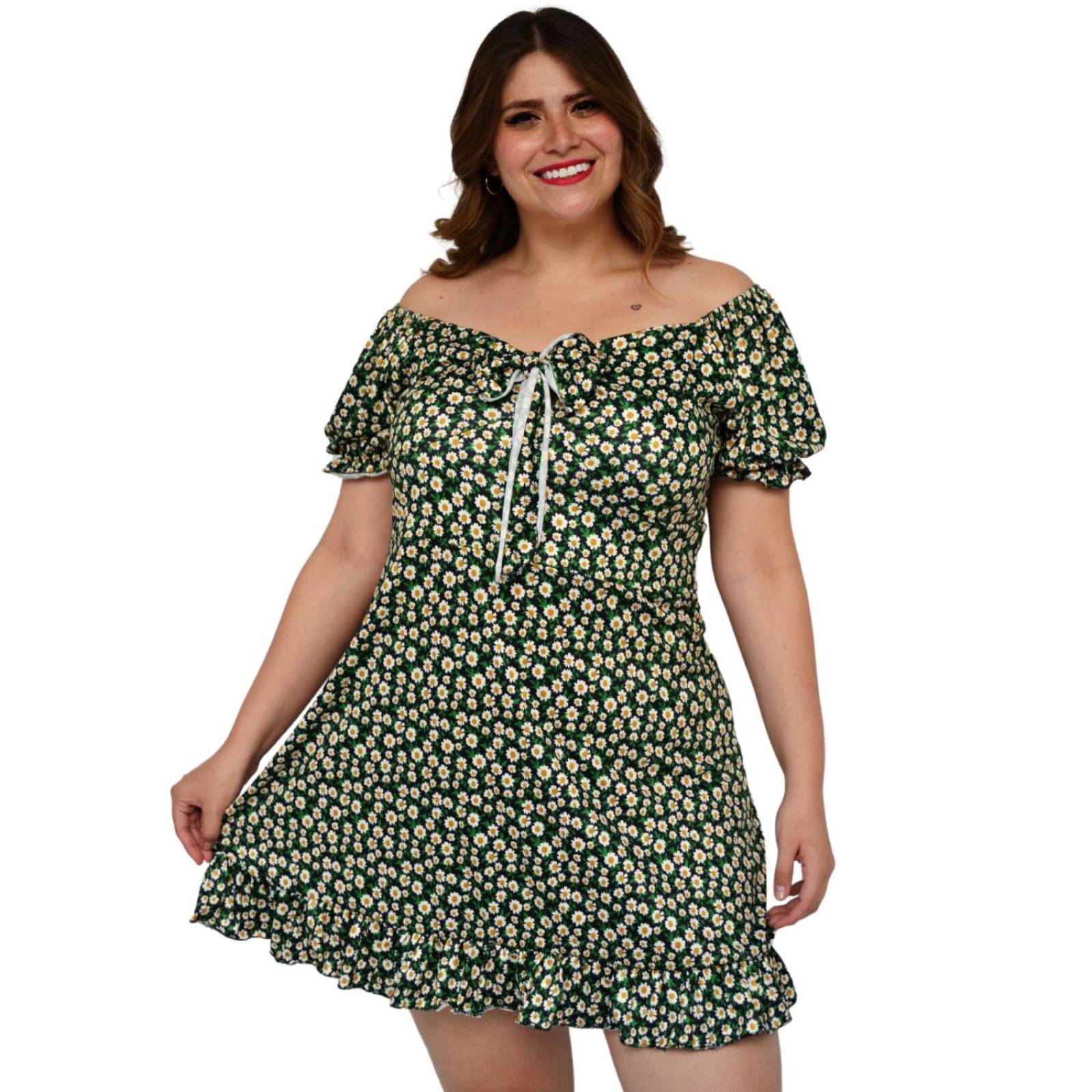 Vestido campesino con strech (talla extra), modelo 4270 (Negro floreado) 