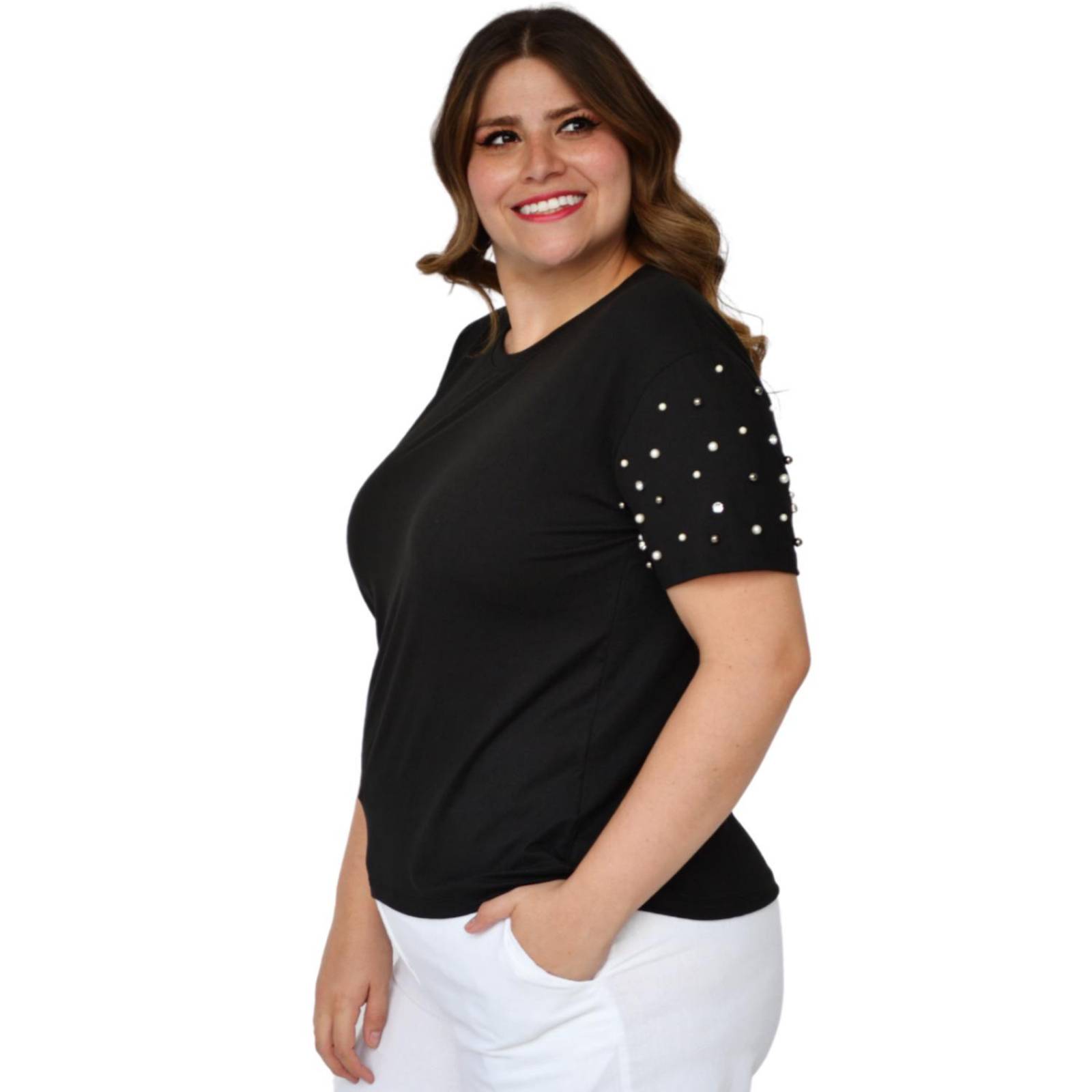 Playera con perlas (talla extra), modelo 3022-D (Negro) .