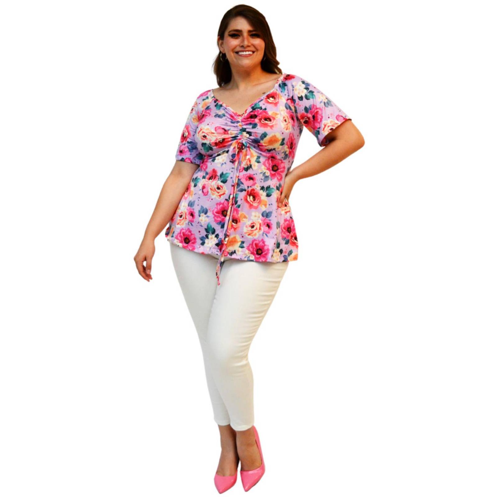 Blusa escote ajustable Roman Fashion, talla extra 1711 (Lila floreado) .