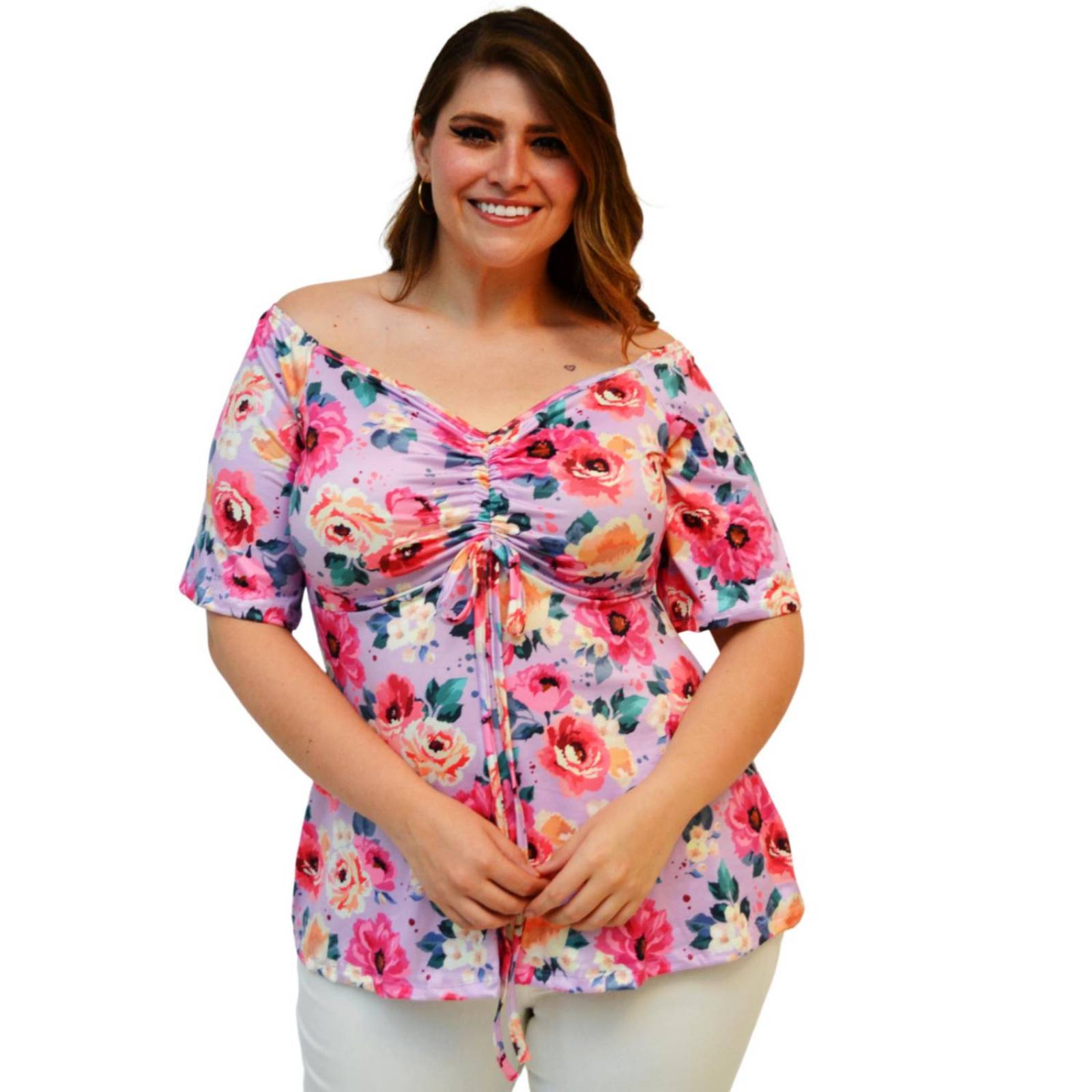 Blusa escote ajustable Roman Fashion, talla extra 1711 (Lila floreado) .