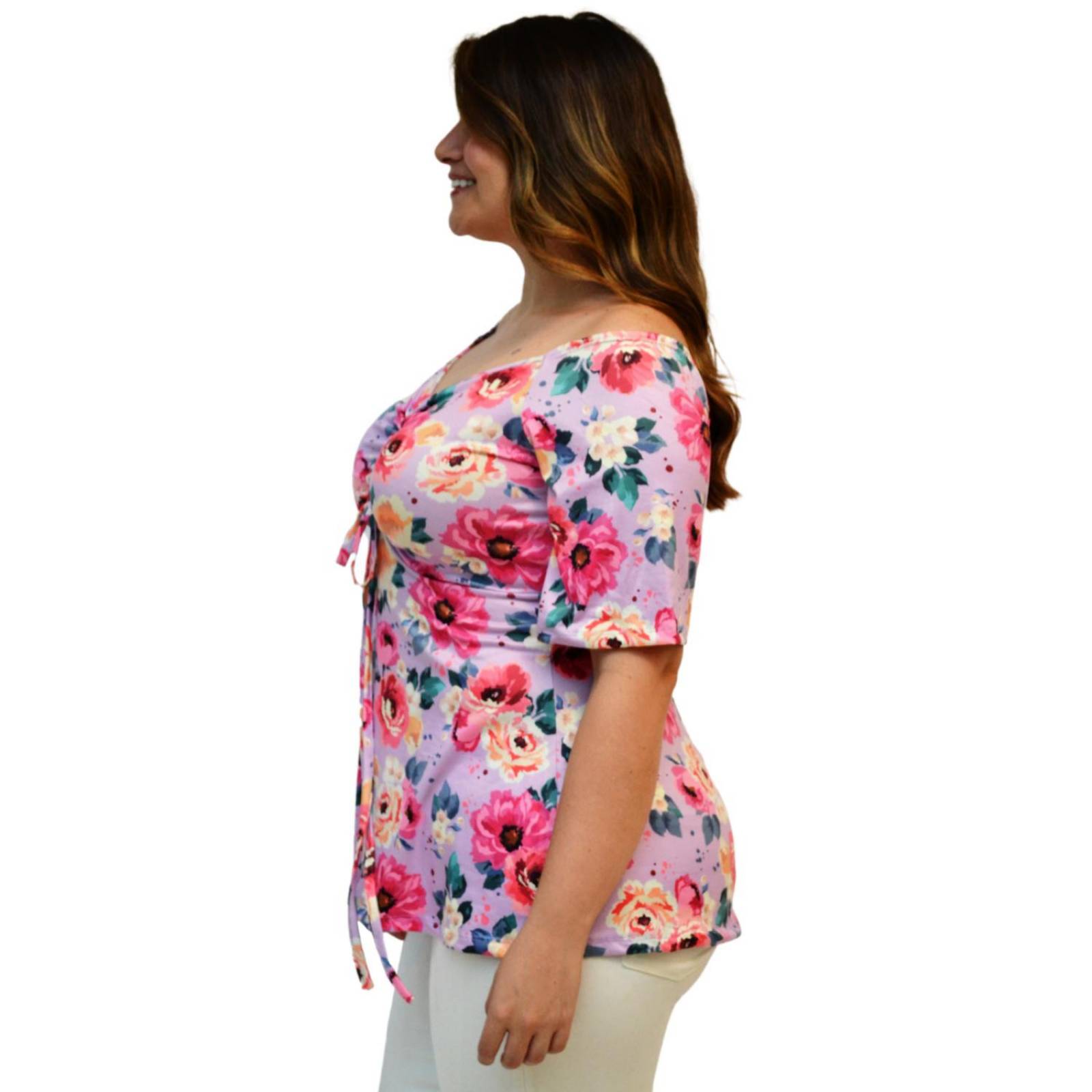 Blusa escote ajustable Roman Fashion, talla extra 1711 (Lila floreado) .