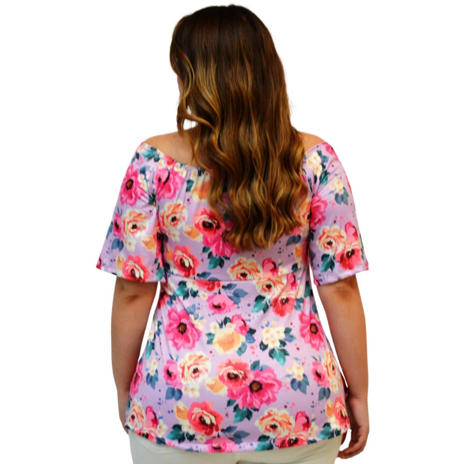 Blusa escote ajustable Roman Fashion, talla extra 1711 (Lila floreado) .