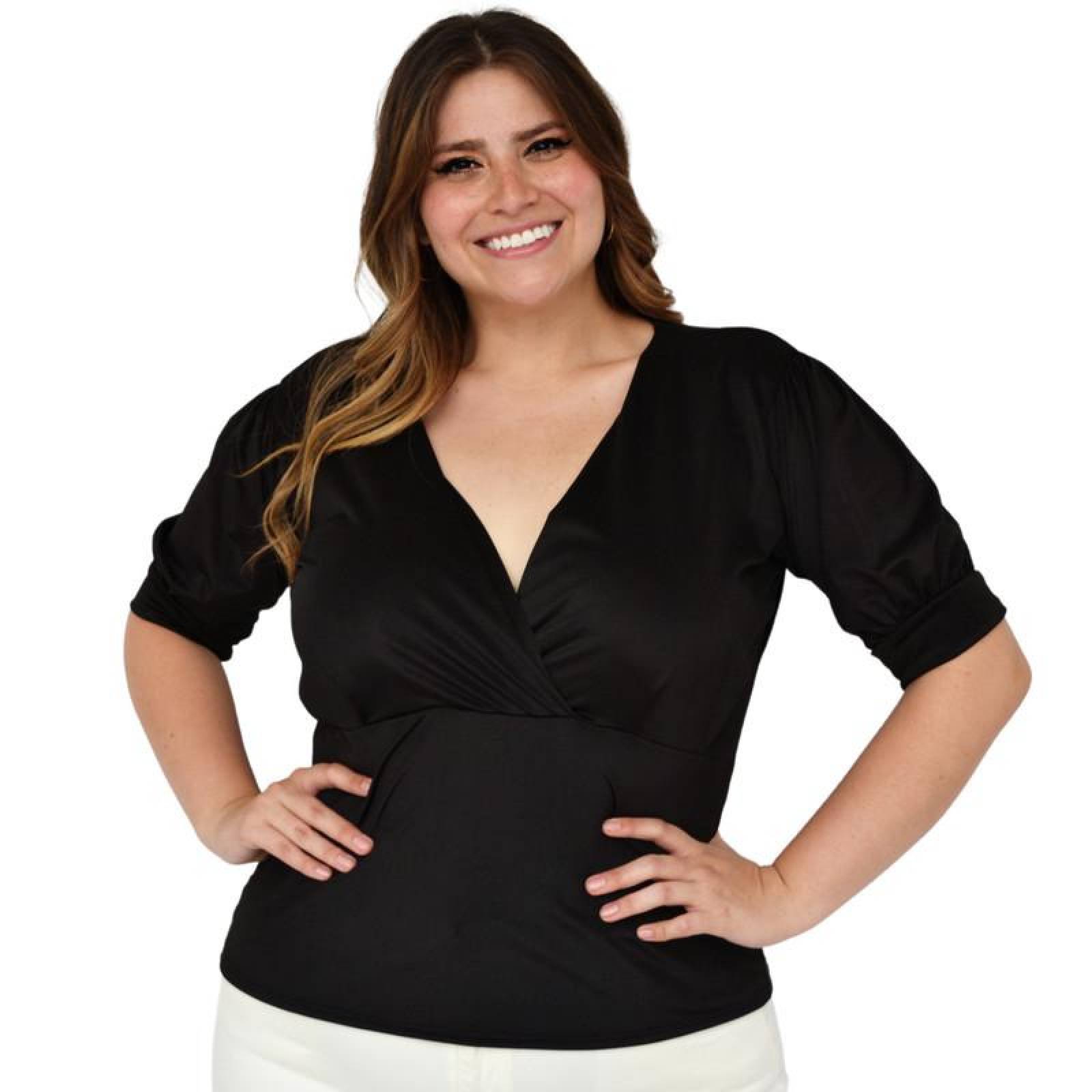Blusa escote V Roman Fashion, tallas extras 1772 (Negro) 