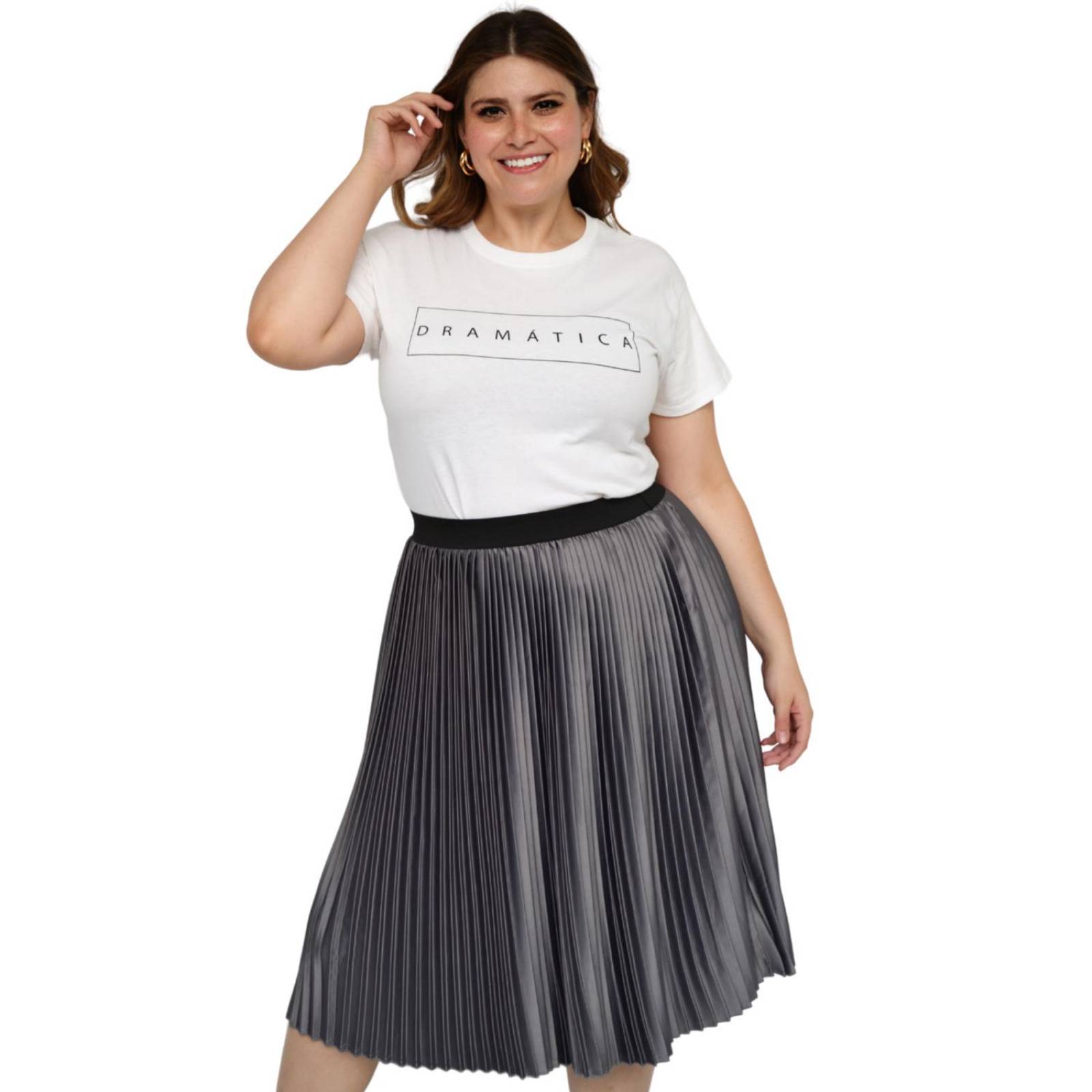 Falda plisada de satín Roman Fashion/Tallas Extras, 2122 (Gris) 