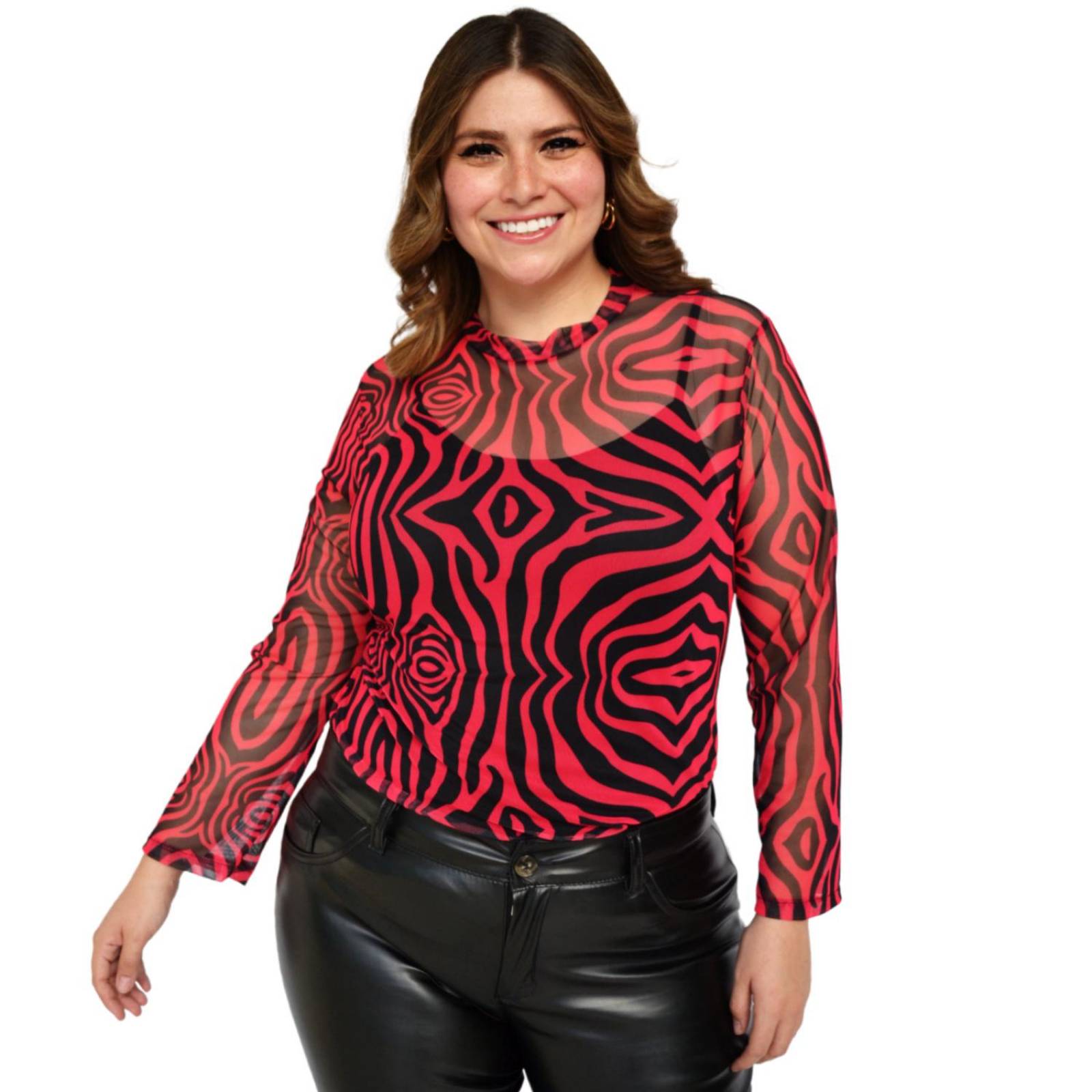 Blusa estampada de mesh Roman Fashion/Tallas Extras 1791 (Cereza) .
