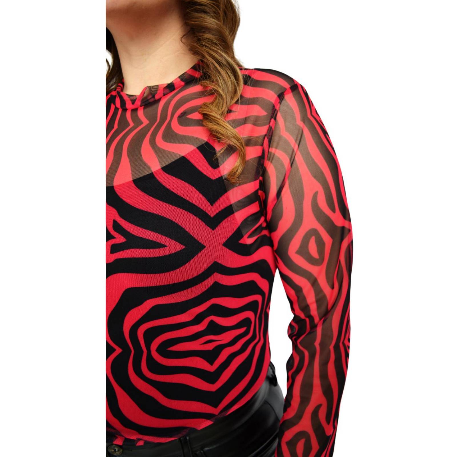 Blusa estampada de mesh Roman Fashion/Tallas Extras 1791 (Cereza) .