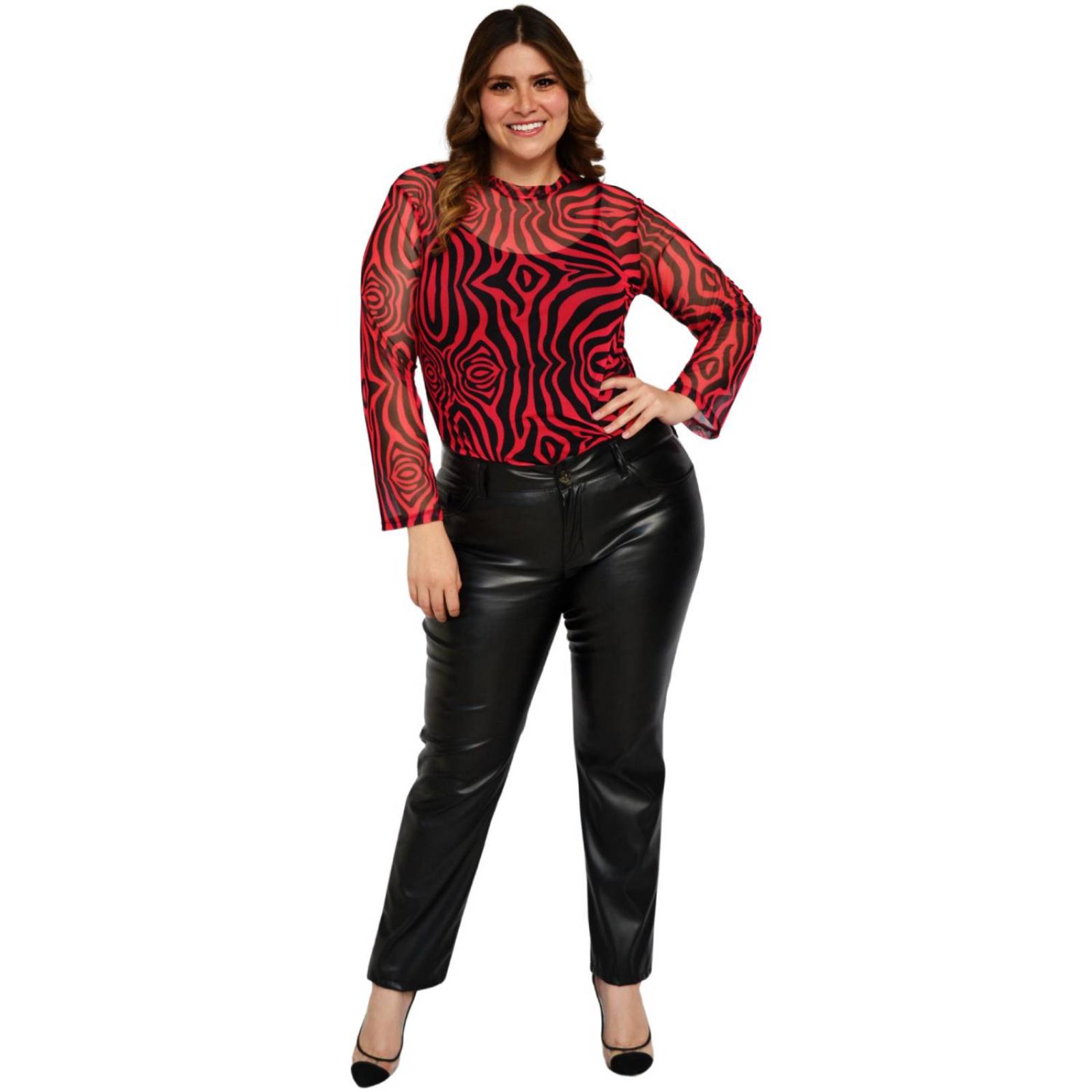 Blusa estampada de mesh Roman Fashion/Tallas Extras 1791 (Cereza) .
