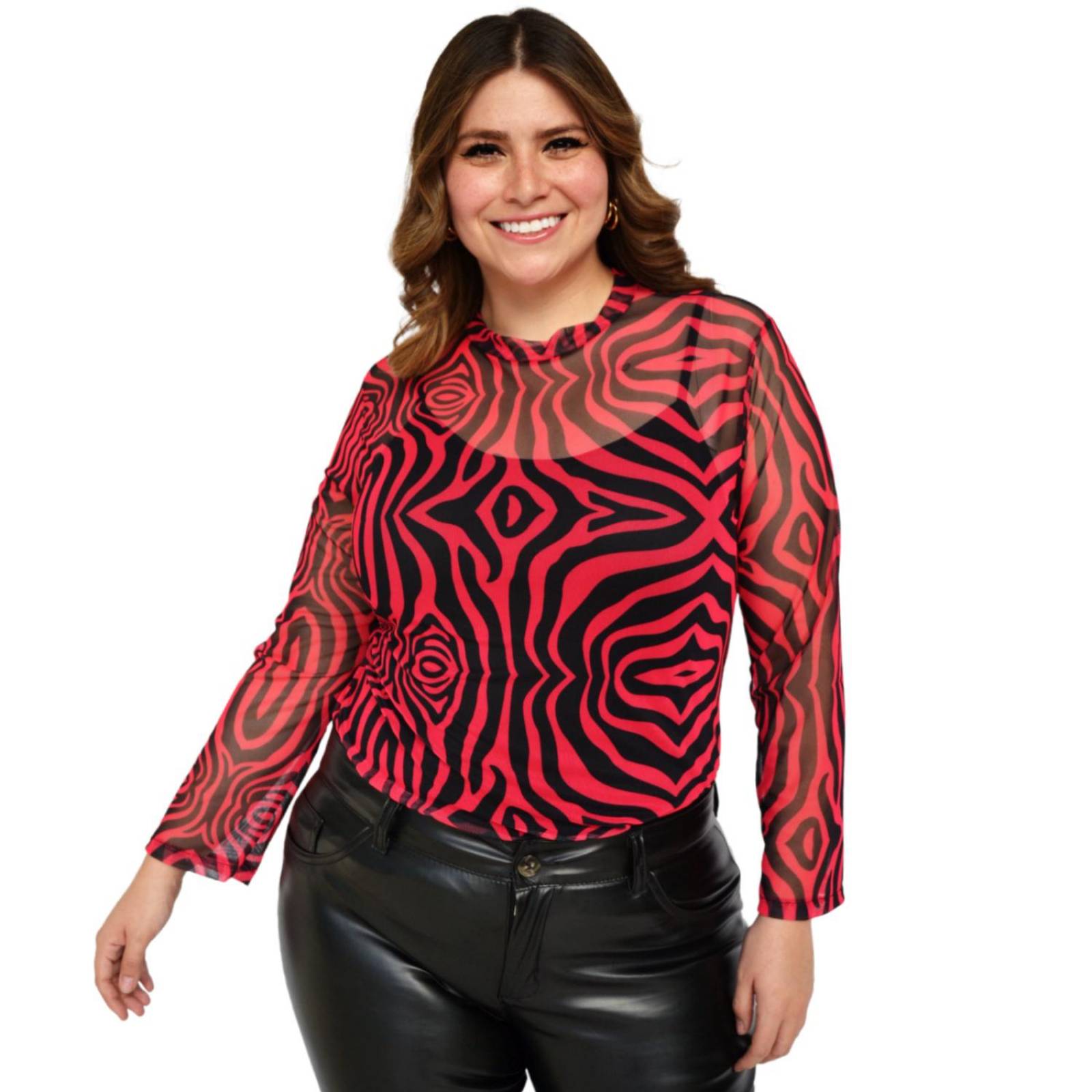 Blusa estampada de mesh Roman Fashion/Tallas Extras 1791 (Cereza) .