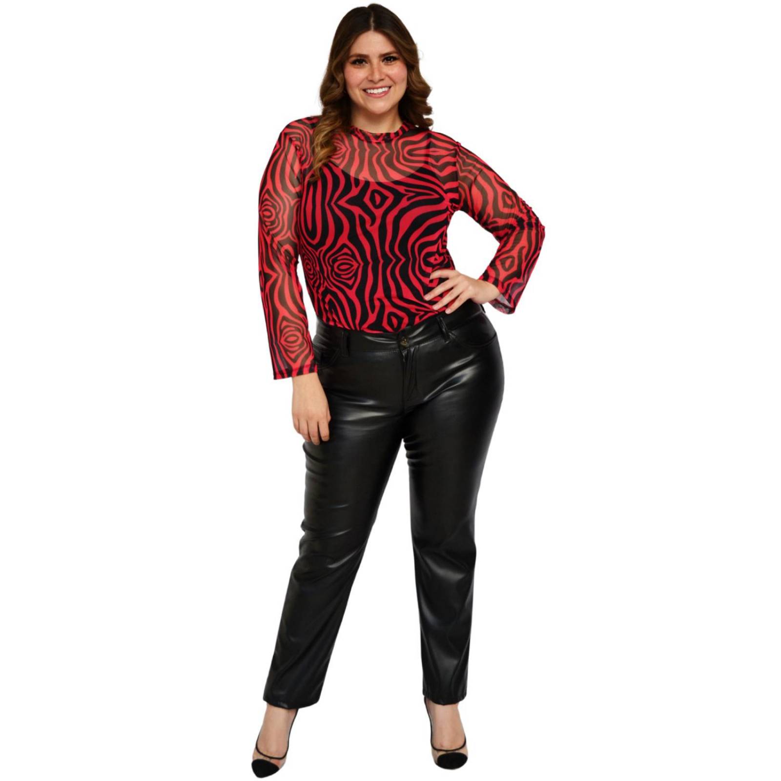 Blusa estampada de mesh Roman Fashion/Tallas Extras 1791 (Cereza) .