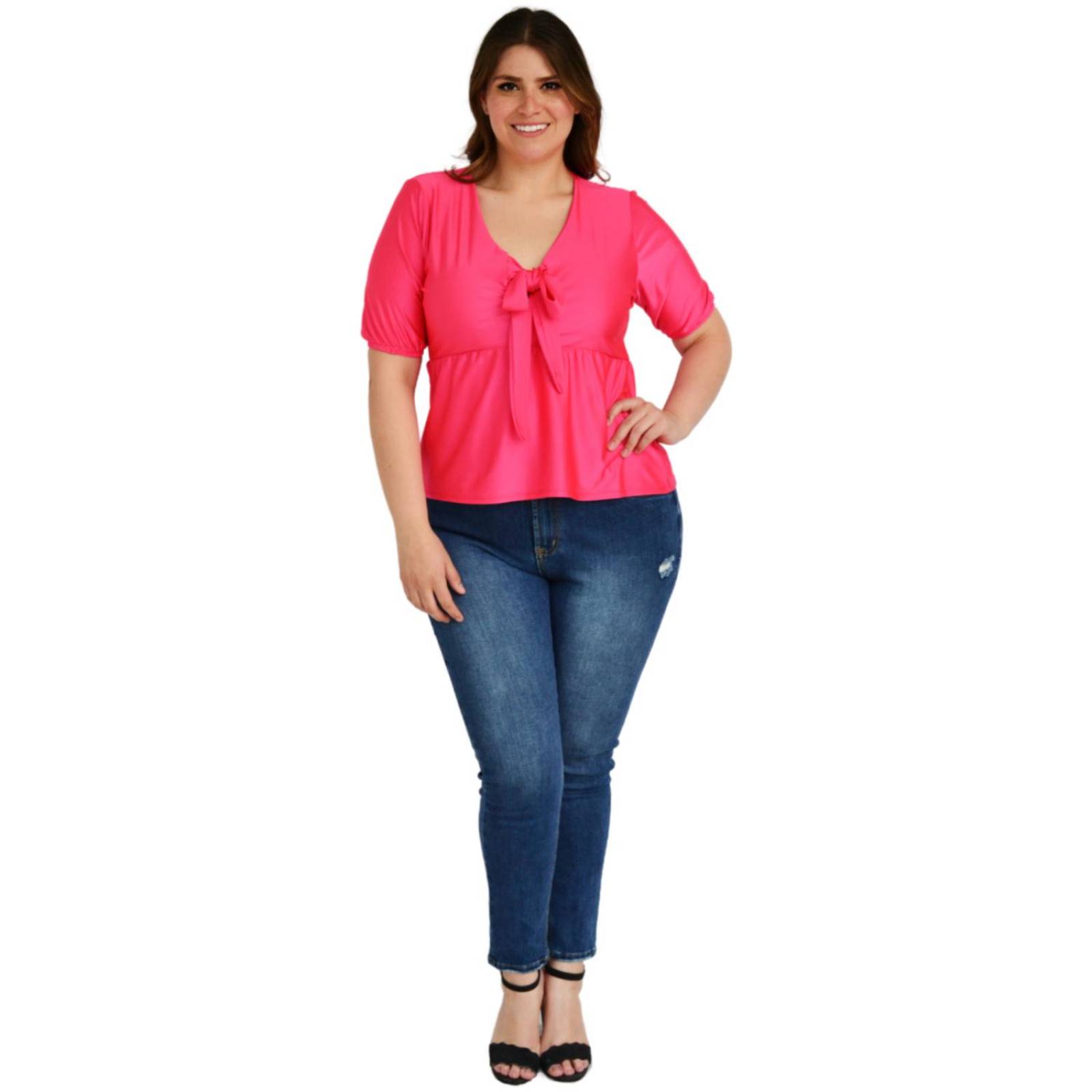 Blusa con moño en escote Roman Fashion /Tallas Extras, 1780 (Fiusha) 