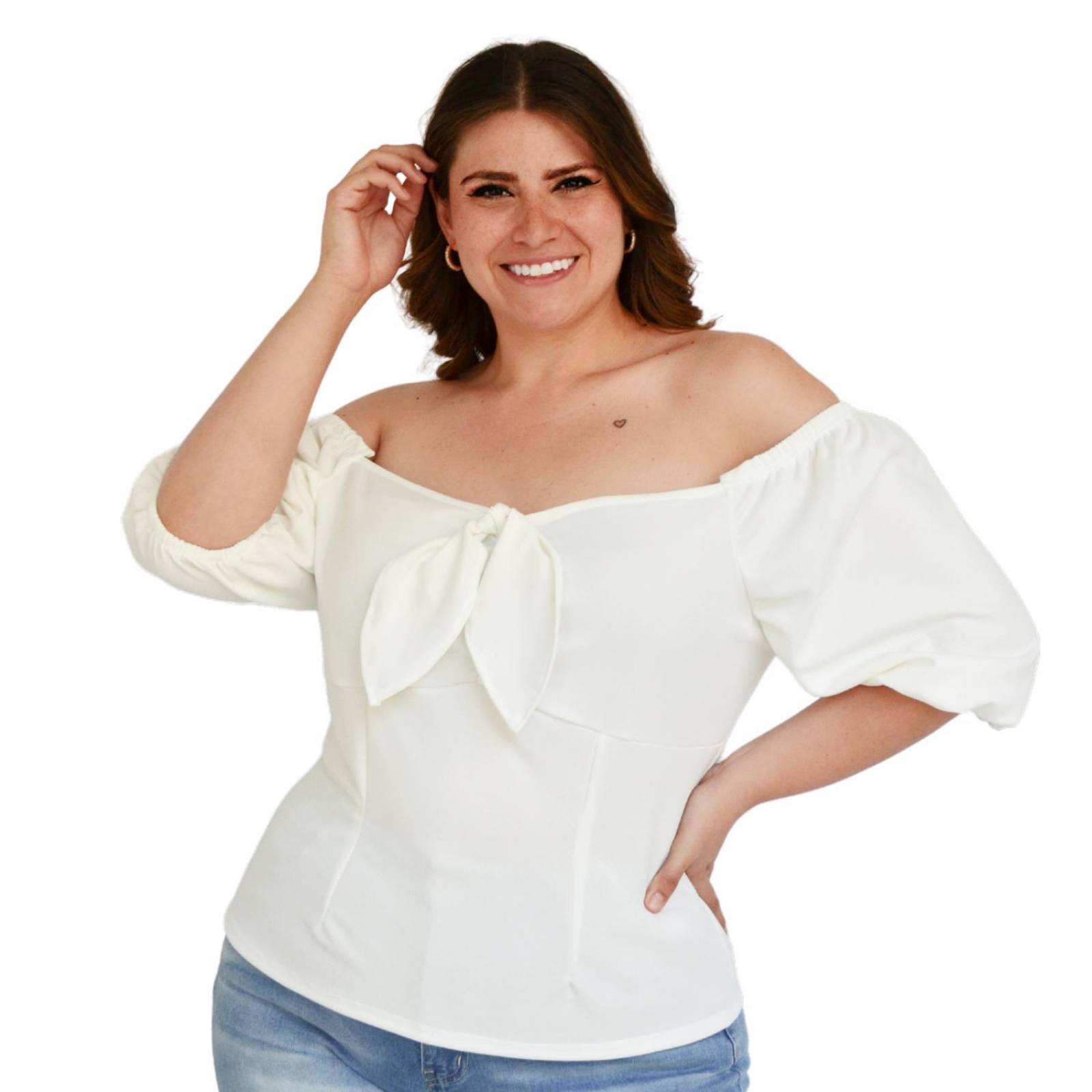 Blusa capesina con nudo Roman Fashion /Tallas Extras, 1824 (Blanco) 