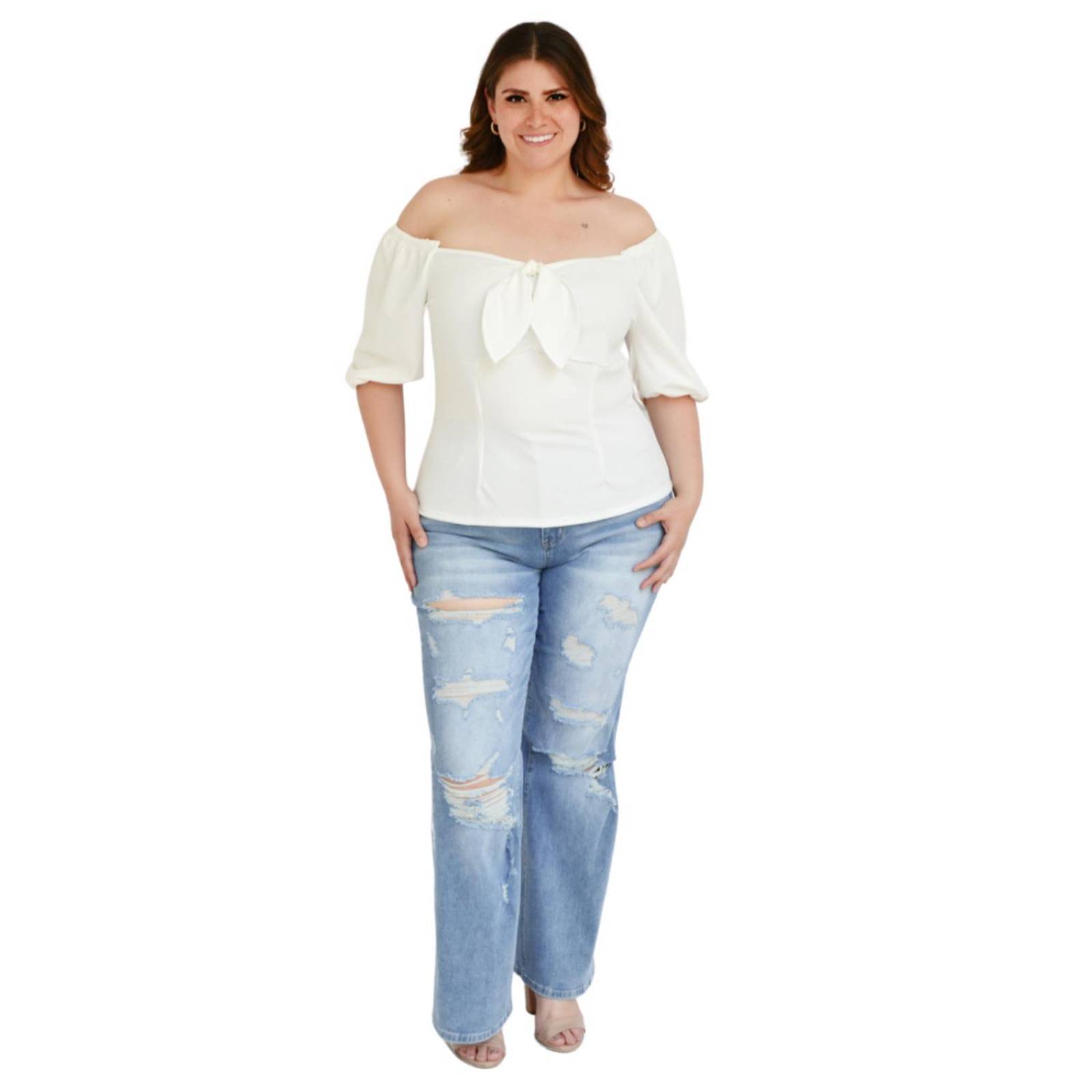 Blusa capesina con nudo Roman Fashion /Tallas Extras, 1824 (Blanco) 
