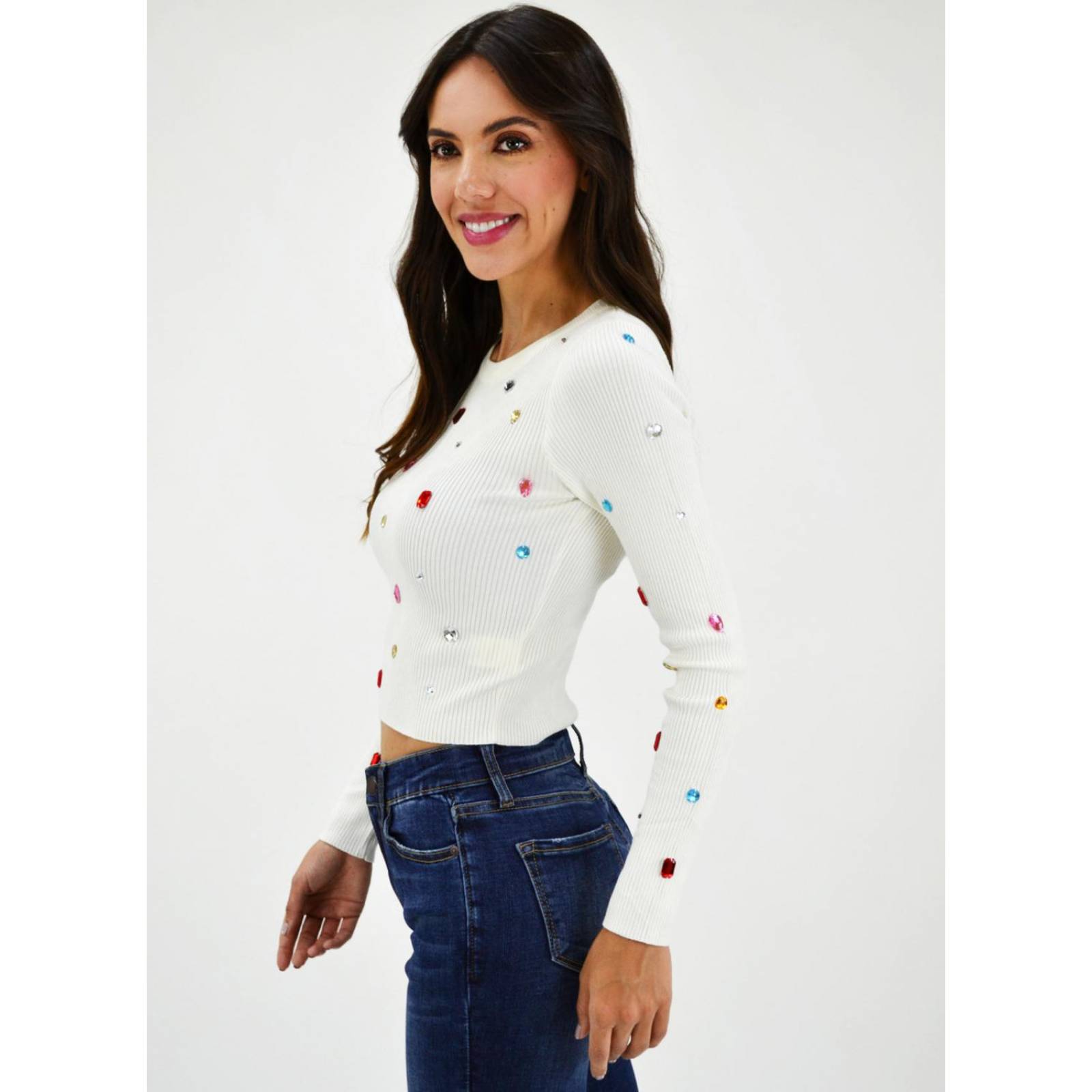 Blusa manga larga con pedrería Roman Fashion /Juvenil, 933 (Blanco) 