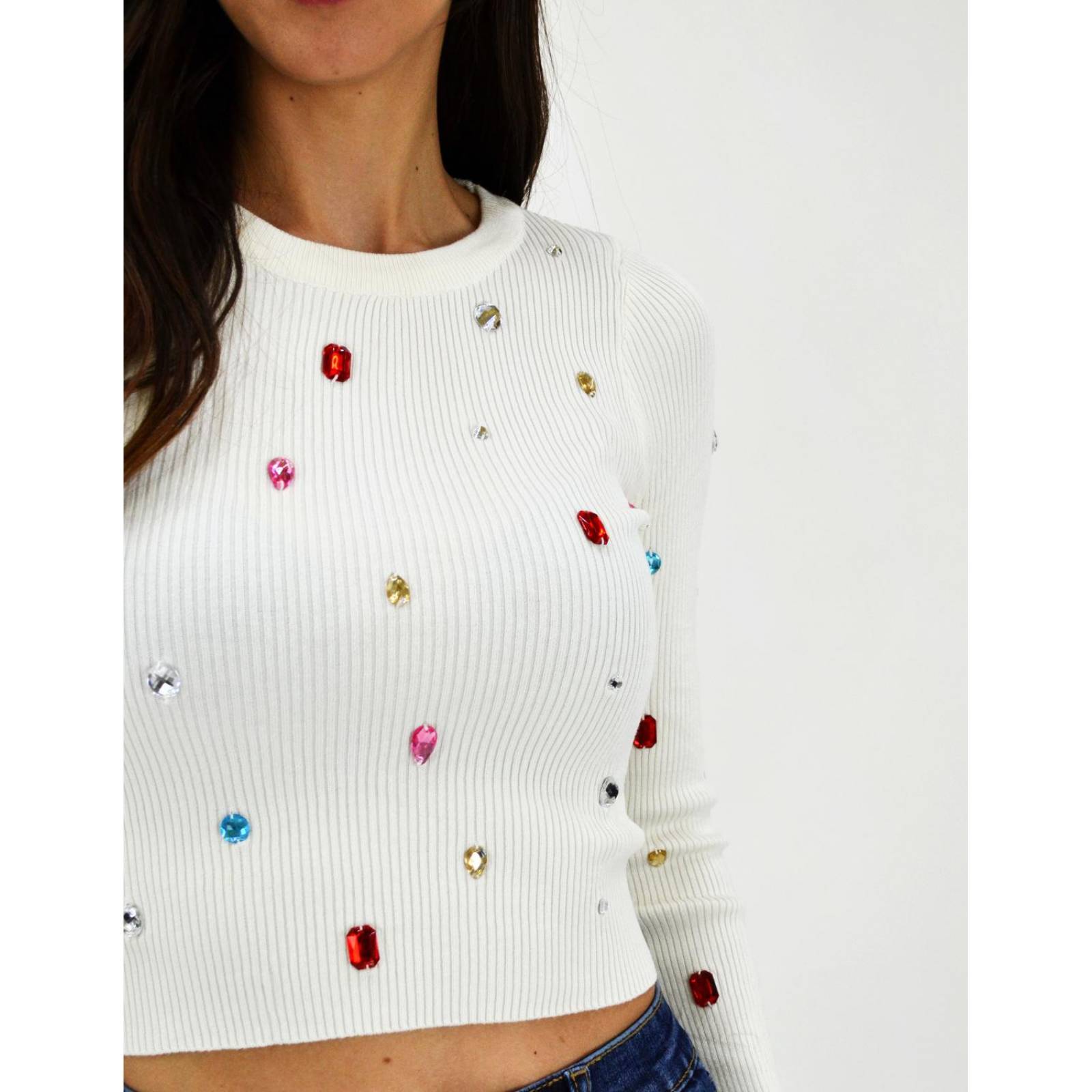 Blusa manga larga con pedrería Roman Fashion /Juvenil, 933 (Blanco) 