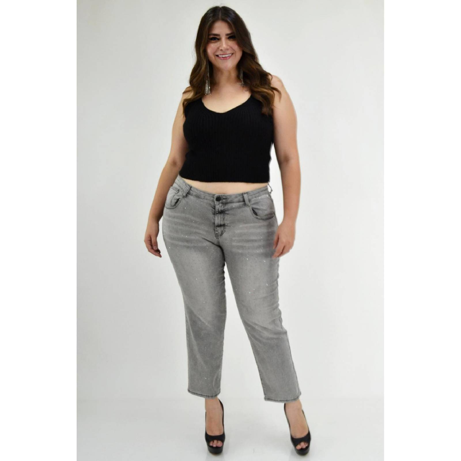 Mom jeans con brillo /Tallas Extras, 241 (Gris con brillos) 