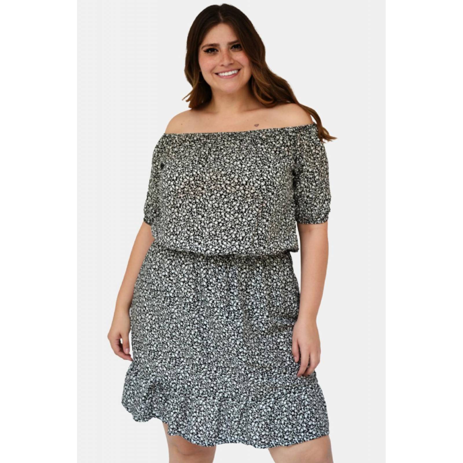 Vestido campesino Roman Fashion /Tallas Extras, 4191 (Negro floreado) 