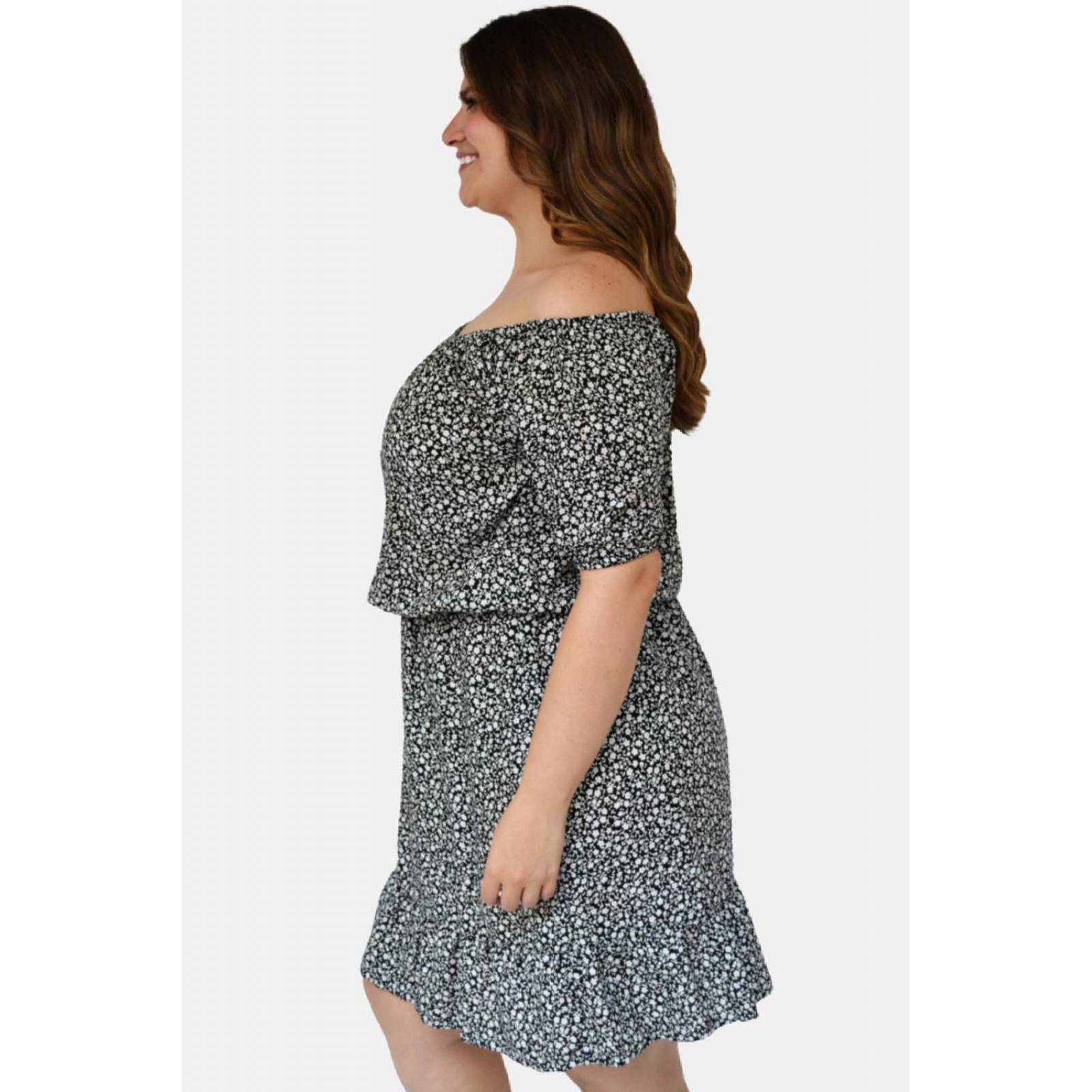 Vestido campesino Roman Fashion /Tallas Extras, 4191 (Negro floreado) 