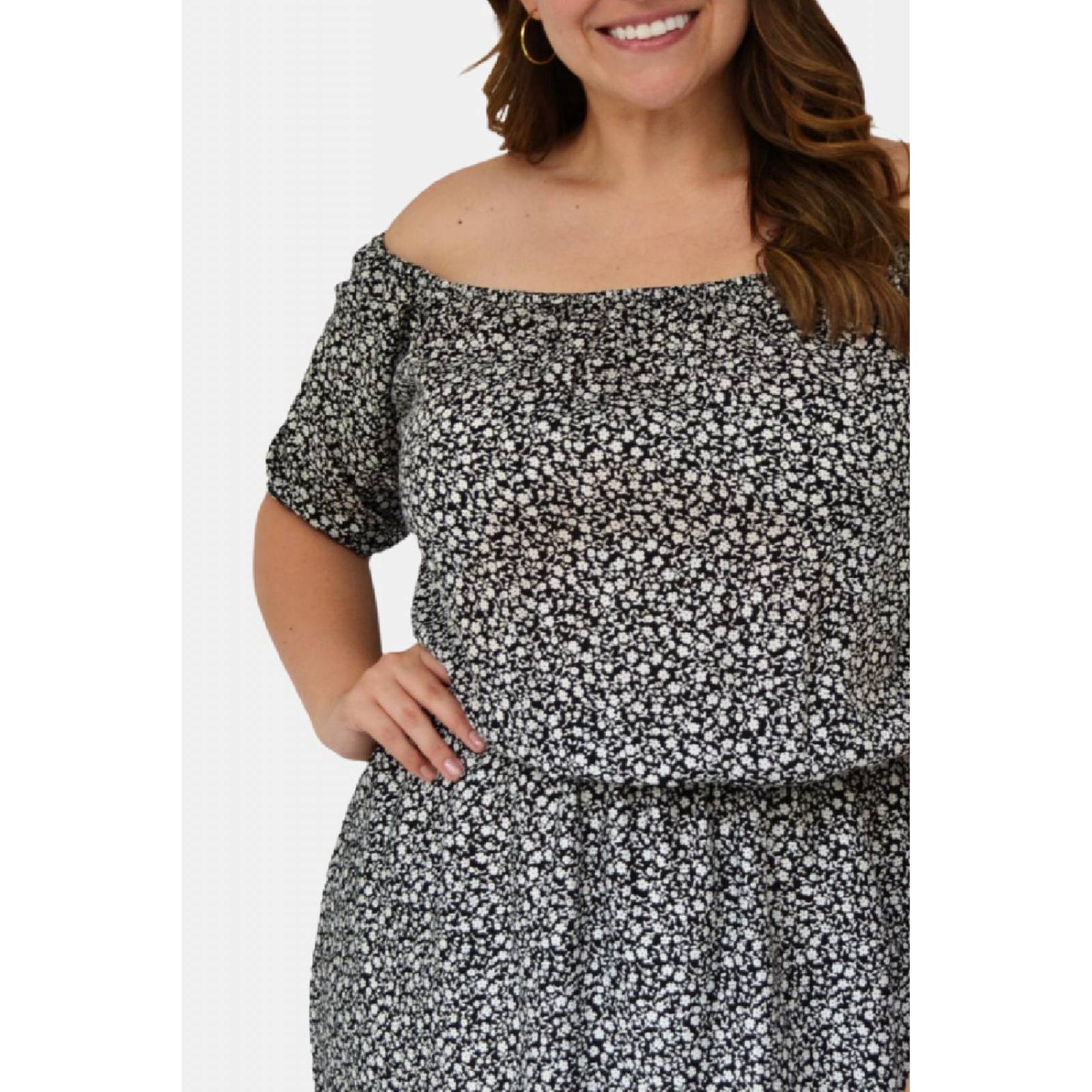 Vestido campesino Roman Fashion /Tallas Extras, 4191 (Negro floreado) 