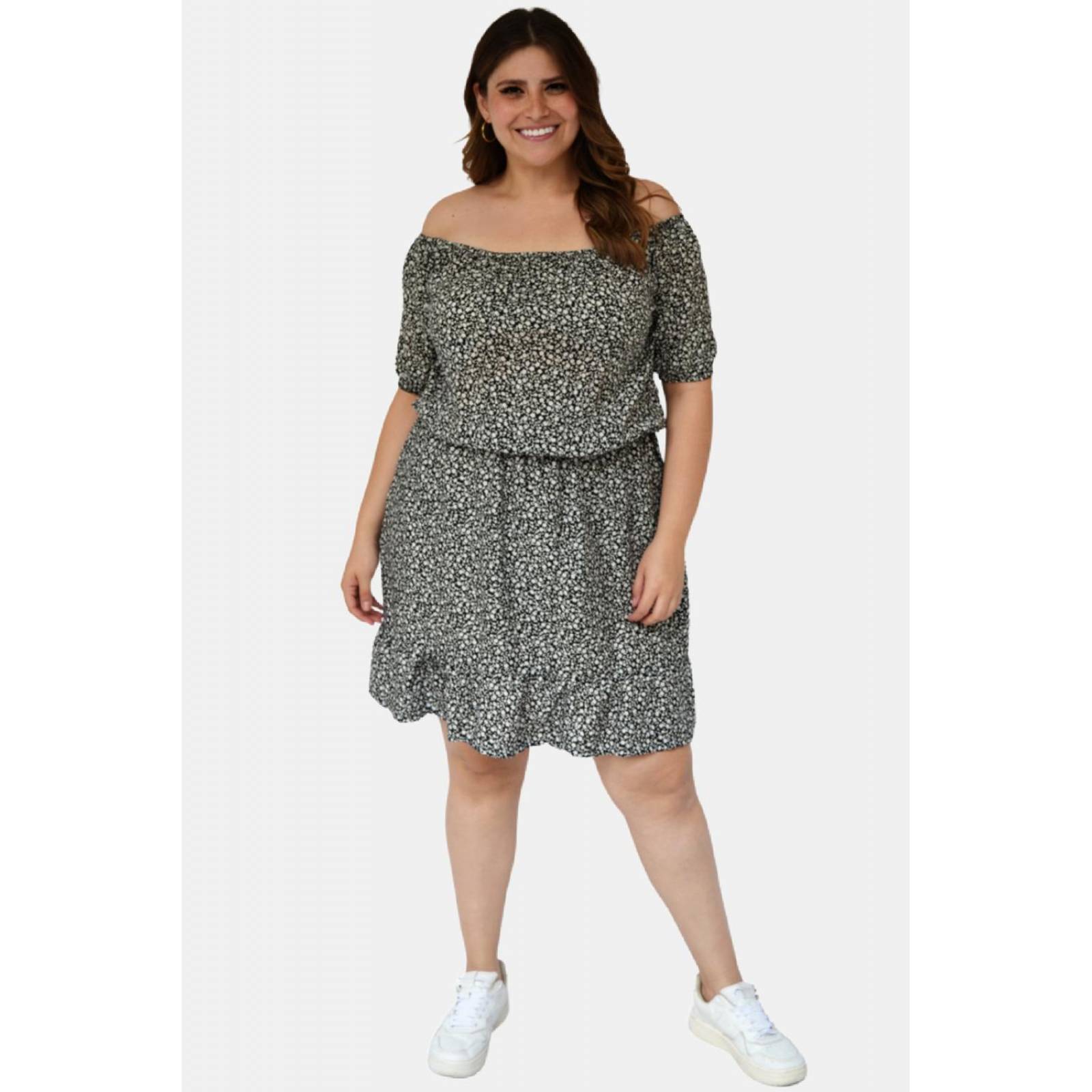 Vestido campesino Roman Fashion /Tallas Extras, 4191 (Negro floreado) 