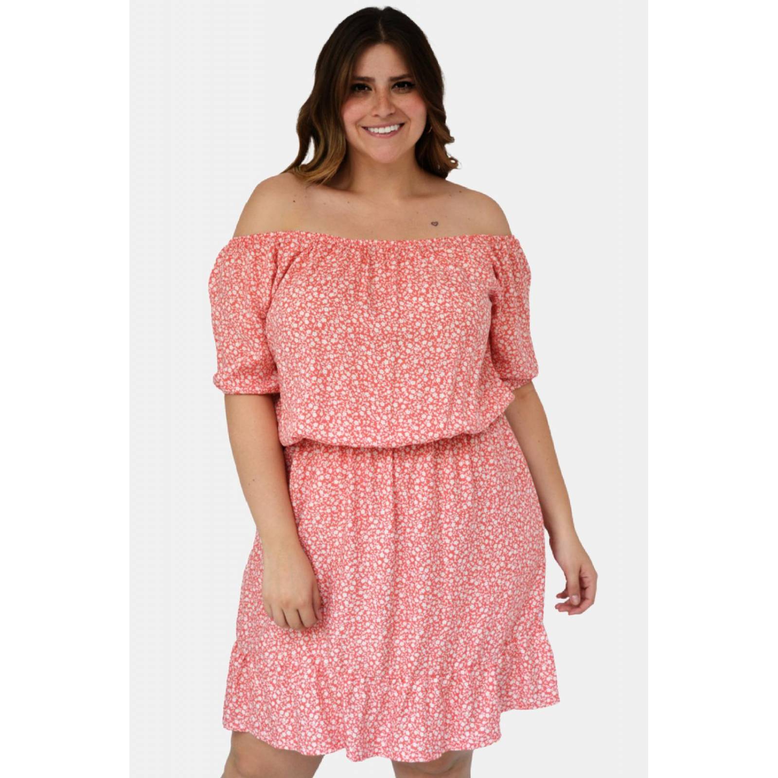 Vestido campesino Roman Fashion /Tallas Extras, 4191 (Coral floreado)