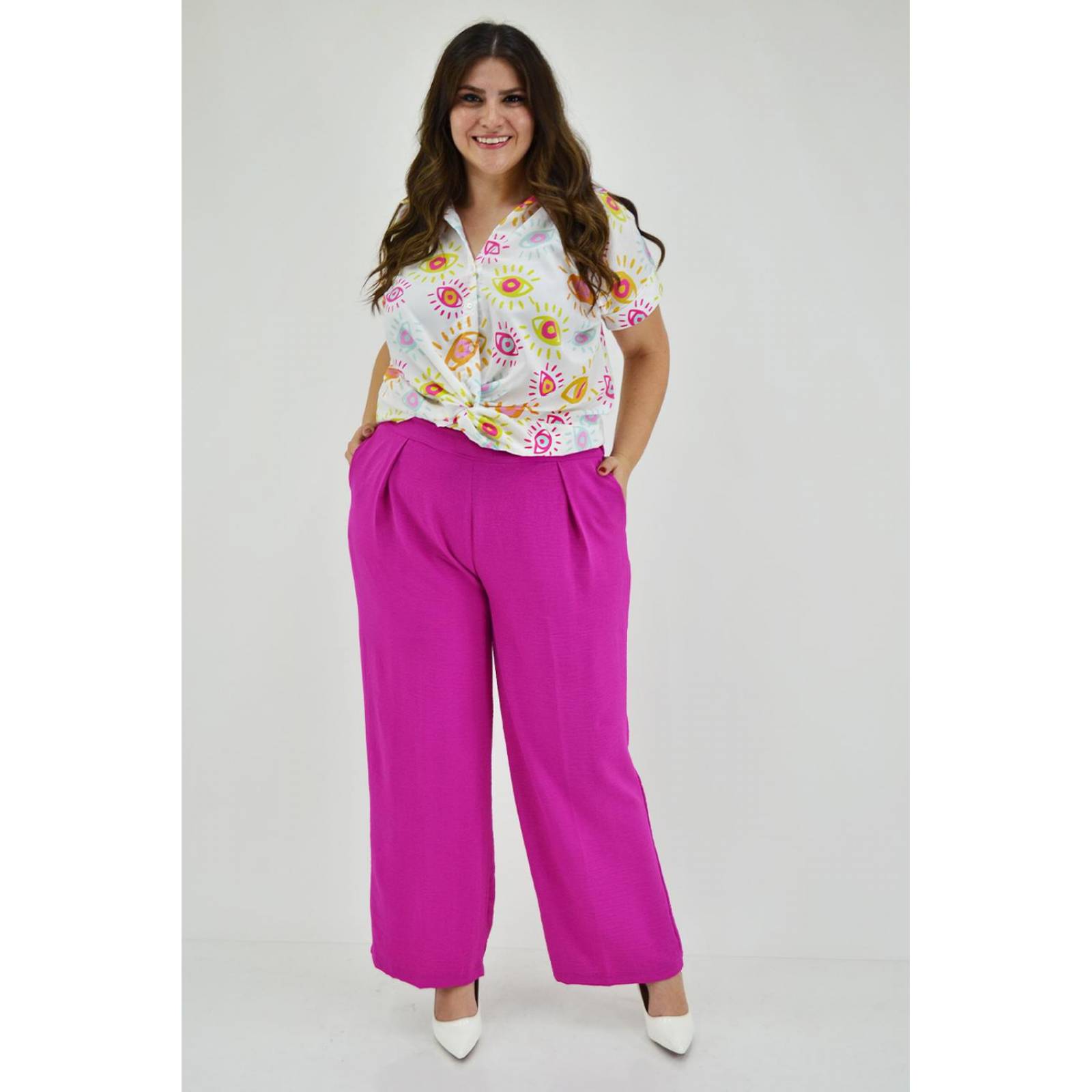 Pantalon pierna amplia Roman Fashion /Tallas Extras, 1295 (Magenta)