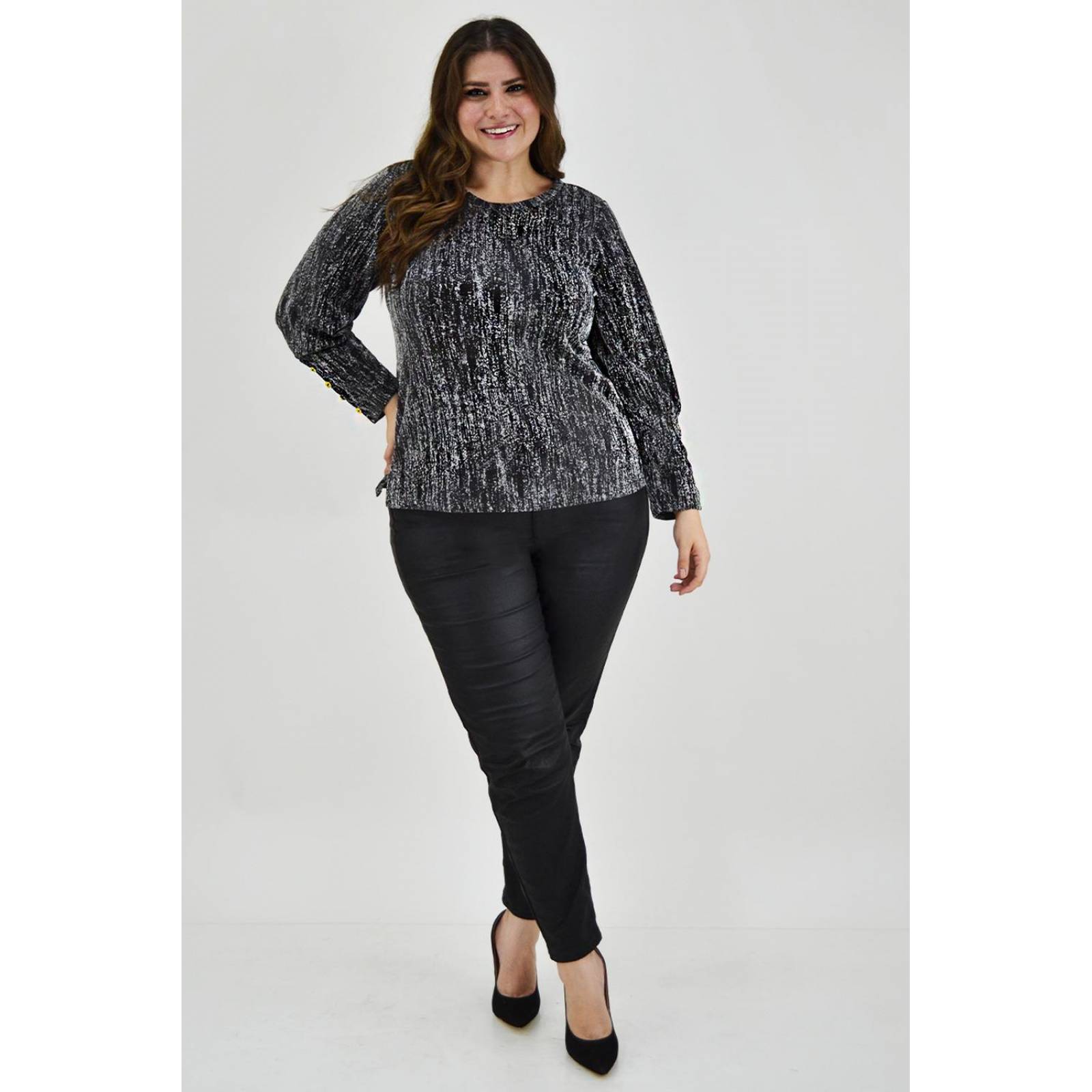 Blusa brillos con botón Roman Fashion /Tallas Extras, 11816 (Plata) 