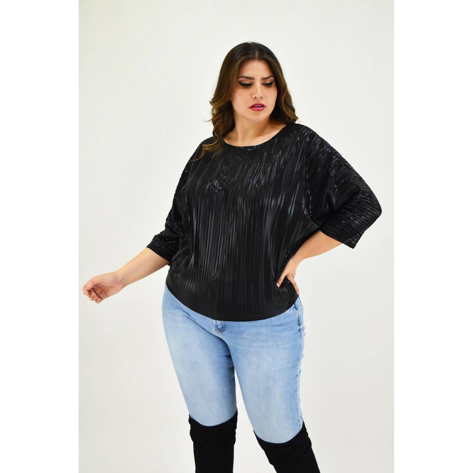 Blusa elegante plisada Roman Fashion /Tallas Extras, 1011 (Negro) 
