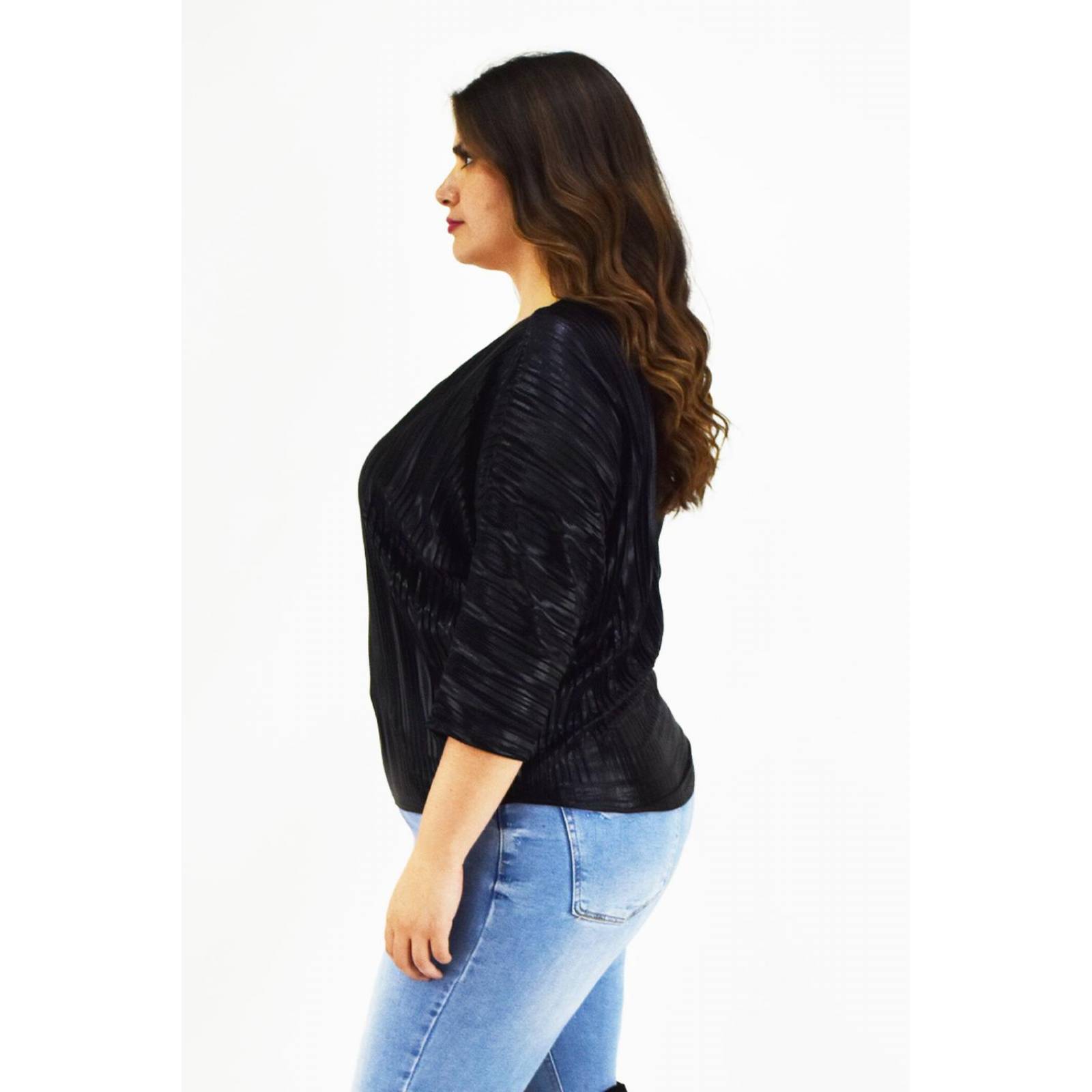 Blusa elegante plisada Roman Fashion /Tallas Extras, 1011 (Negro) 